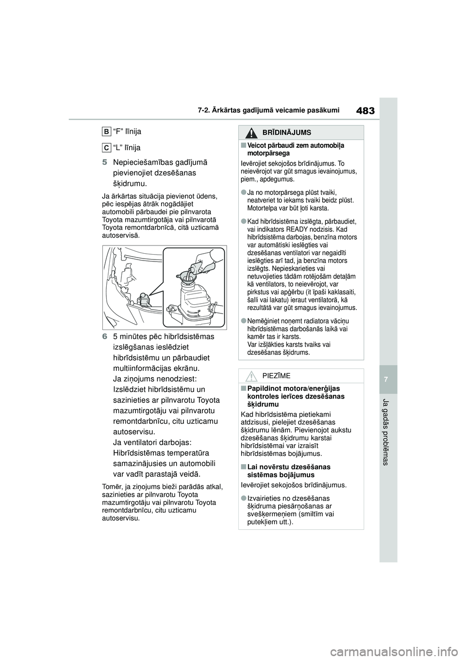 TOYOTA YARIS CROSS 2021  Lietošanas Instrukcija (in Latvian) 483
7
YARIS CROSS Owners Manual_Europe_M52K60_LV
7-2. Ārk ārtas gad ījum ā veicamie pas ākumi
Ja gad ās probl ēmas
“F” l īnija
“L” l īnija
5 Nepieciešam ības gad ījum ā 
pievieno