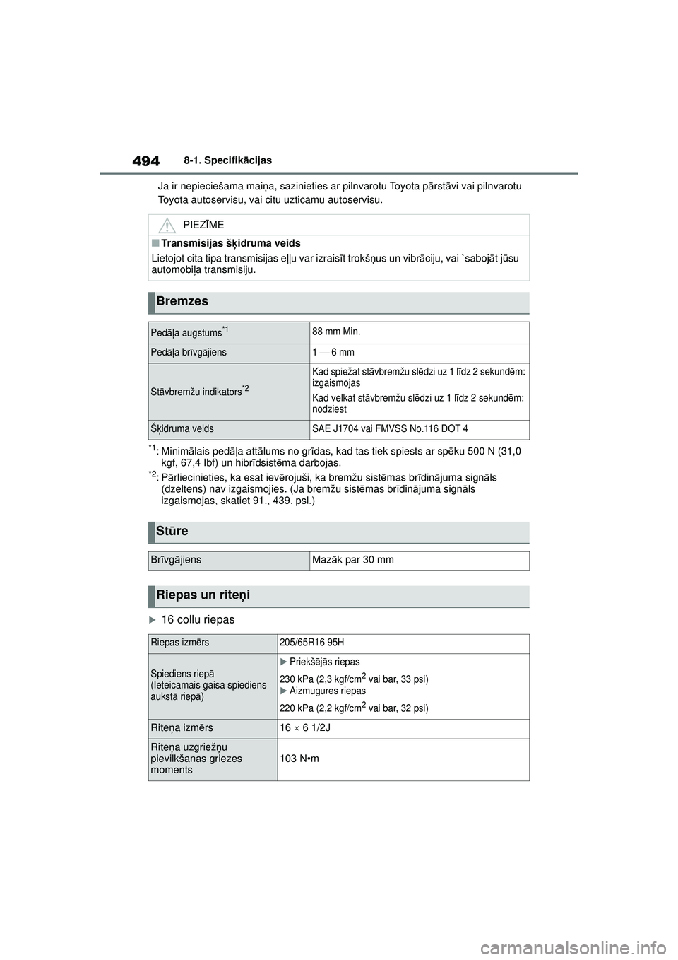 TOYOTA YARIS CROSS 2021  Lietošanas Instrukcija (in Latvian) 494
YARIS CROSS Owners Manual_Europe_M52K60_LV
8-1. Specifikācijas
Ja ir nepieciešama mai ņa, sazinieties ar pilnvarotu Toyota p ārst āvi vai pilnvarotu 
Toyota autoservisu, vai citu uzticamu au