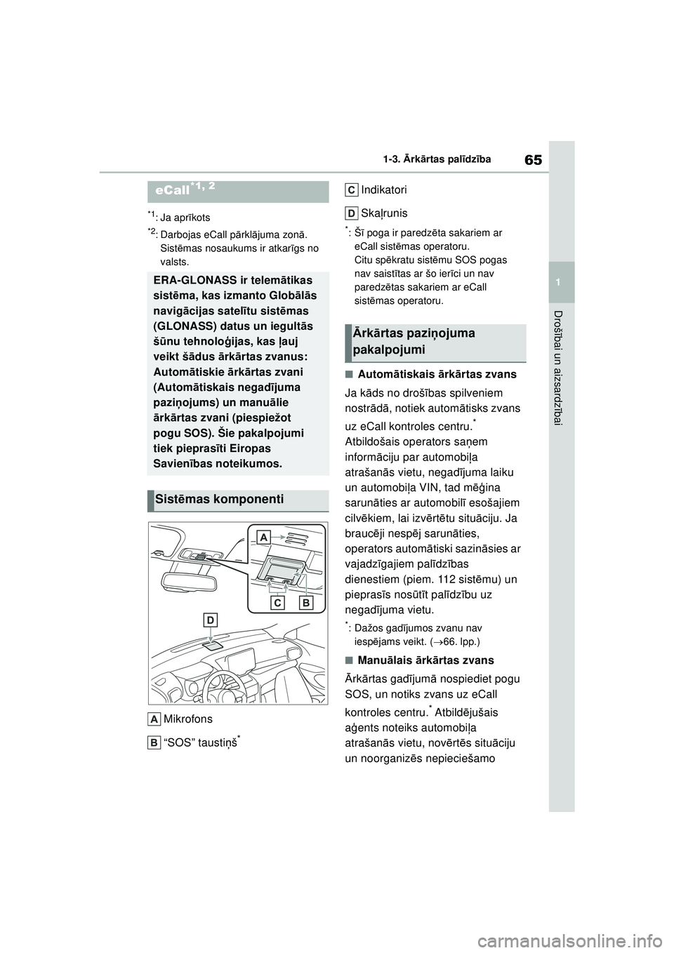 TOYOTA YARIS CROSS 2021 Lietošanas Instrukcija (in Latvian) 65
1
YARIS CROSS Owners Manual_Europe_M52K60_LV
1-3. Ārk ārtas pal īdz ība
Droš ībai un aizsardz ībai
1-3. Ārk ārt as pa l īdz ība
*1: Ja apr īkots
*2: Darbojas eCall p ārkl ājuma zon TOYOTA YARIS CROSS 2021 Lietošanas Instrukcija (in Latvian) 65
1
YARIS CROSS Owners Manual_Europe_M52K60_LV
1-3. Ārk ārtas pal īdz ība
Droš ībai un aizsardz ībai
1-3. Ārk ārt as pa l īdz ība
*1: Ja apr īkots
*2: Darbojas eCall p ārkl ājuma zon