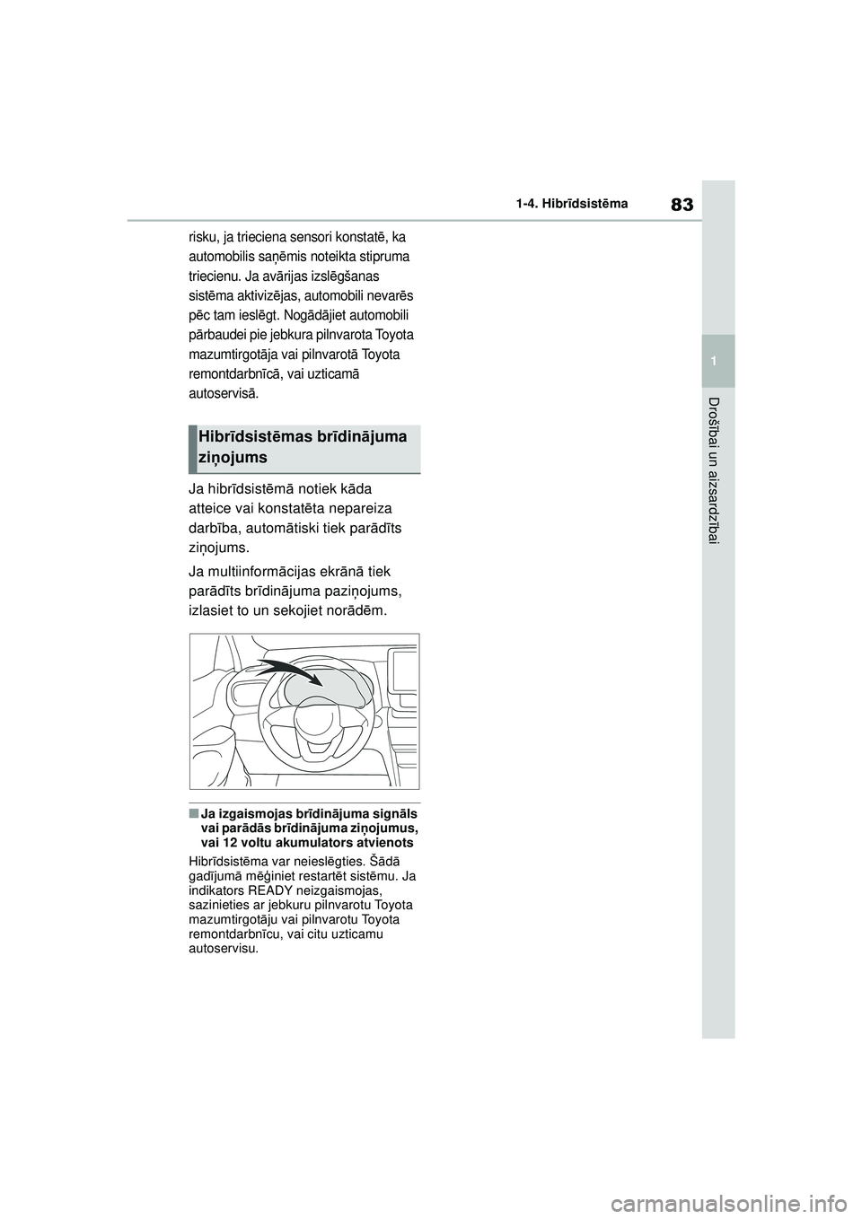 TOYOTA YARIS CROSS 2021 Lietošanas Instrukcija (in Latvian) 83
1
YARIS CROSS Owners Manual_Europe_M52K60_LV
1-4. Hibrīdsist ēma
Droš ībai un aizsardz ībai
risku, ja trieciena sensori konstat ē, ka
automobilis sa ņēmis noteikta stipruma
triecienu. Ja TOYOTA YARIS CROSS 2021 Lietošanas Instrukcija (in Latvian) 83
1
YARIS CROSS Owners Manual_Europe_M52K60_LV
1-4. Hibrīdsist ēma
Droš ībai un aizsardz ībai
risku, ja trieciena sensori konstat ē, ka
automobilis sa ņēmis noteikta stipruma
triecienu. Ja