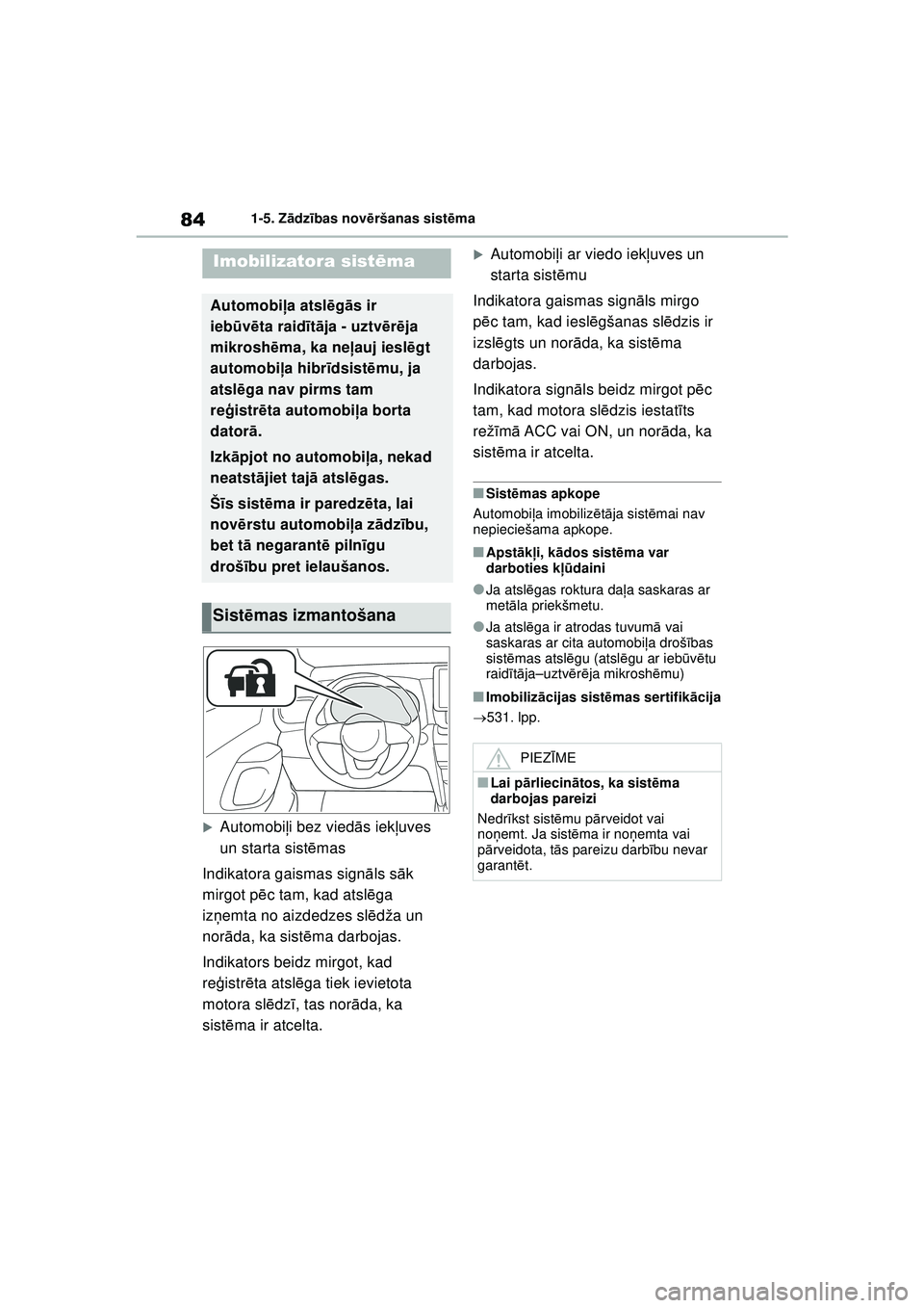TOYOTA YARIS CROSS 2021  Lietošanas Instrukcija (in Latvian) 84
YARIS CROSS Owners Manual_Europe_M52K60_LV
1-5. Zādzības novē ršanas sist ēma
1-5.Z ādz ības  nov ērš an a s  si st ēma
�XAutomobi ļi bez vied ās iekļ uves 
un starta sist ēmas
Indik