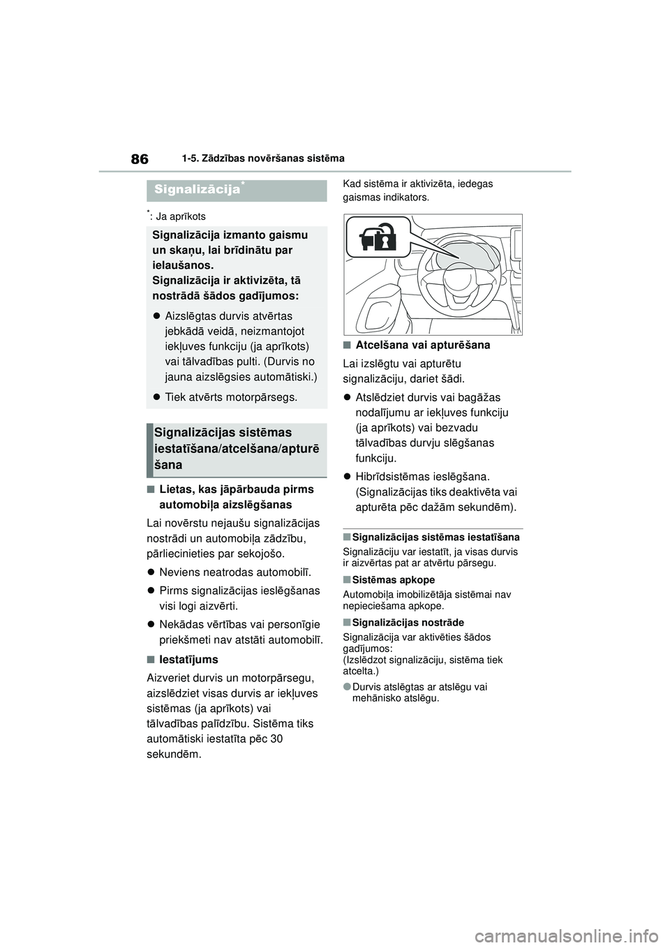 TOYOTA YARIS CROSS 2021  Lietošanas Instrukcija (in Latvian) 86
YARIS CROSS Owners Manual_Europe_M52K60_LV
1-5. Zādzības novē ršanas sist ēma
*: Ja apr īkots
■Lietas, kas j āp ārbauda pirms 
automobi ļa aizsl ēgšanas
Lai nov ērstu nejaušu signal