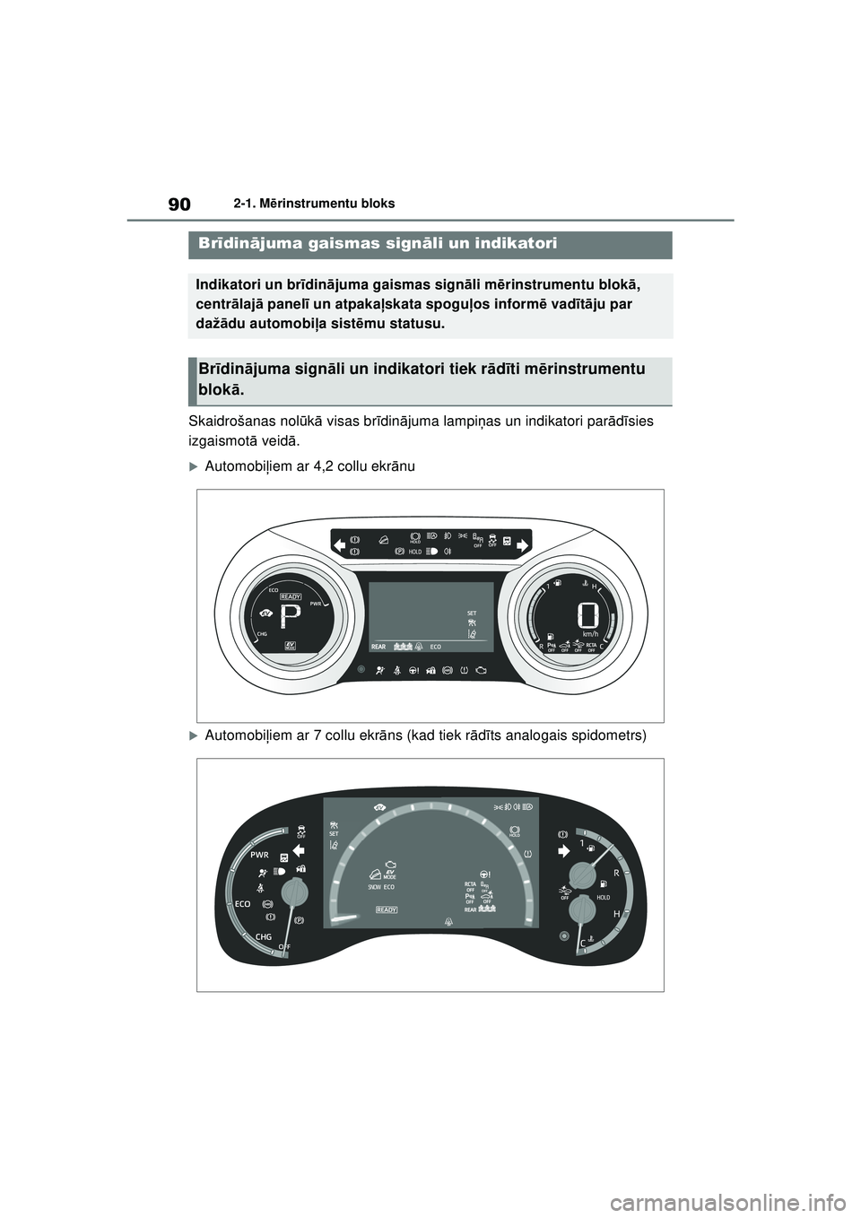 TOYOTA YARIS CROSS 2021 Lietošanas Instrukcija (in Latvian) 90
YARIS CROSS Owners Manual_Europe_M52K60_LV
2-1. Mērinstrumentu bloks
2-1.M ērins trum entu blok s
Skaidrošanas nol ūkā visas br īdin ājuma lampi ņas un indikatori par ādīsies
izgaismot TOYOTA YARIS CROSS 2021 Lietošanas Instrukcija (in Latvian) 90
YARIS CROSS Owners Manual_Europe_M52K60_LV
2-1. Mērinstrumentu bloks
2-1.M ērins trum entu blok s
Skaidrošanas nol ūkā visas br īdin ājuma lampi ņas un indikatori par ādīsies
izgaismot