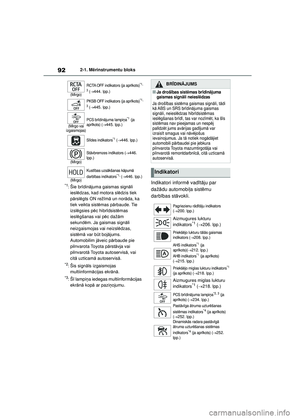 TOYOTA YARIS CROSS 2021  Lietošanas Instrukcija (in Latvian) 92
YARIS CROSS Owners Manual_Europe_M52K60_LV
2-1. Mērinstrumentu bloks
*1:Šie br īdin ājuma gaismas sign āli 
iesl ēdzas, kad motora sl ēdzis tiek 
p ārsl ēgts ON rež īm ā un nor āda, k