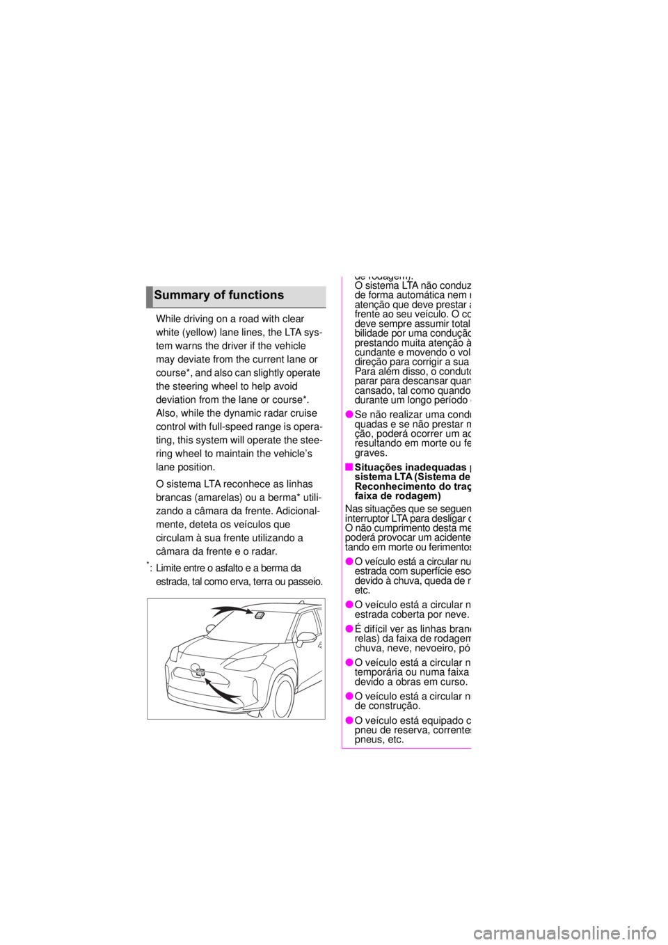 TOYOTA YARIS CROSS 2021 Manual de utilização (in Portuguese) 2424-5. Utilização dos sistemas de apoio à condução
*: Se equipado
While driving on a road with clear
white (yellow) lane lines, the LTA sys-
tem warns the driver if the vehicle
may deviate fro TOYOTA YARIS CROSS 2021 Manual de utilização (in Portuguese) 2424-5. Utilização dos sistemas de apoio à condução
*: Se equipado
While driving on a road with clear
white (yellow) lane lines, the LTA sys-
tem warns the driver if the vehicle
may deviate fro