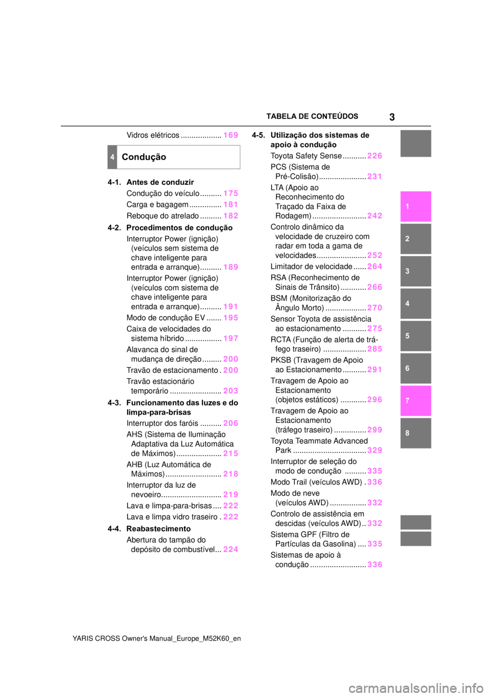 TOYOTA YARIS CROSS 2021  Manual de utilização (in Portuguese) 3
YARIS CROSS Owners Manual_Europe_M52K60_en
TABELA DE CONTEÚDOS
1
6 5
4
3
2
8
7
Vidros elétricos ...................169
4-1. Antes de conduzir
Condução do veículo ..........
175
Carga e bagagem