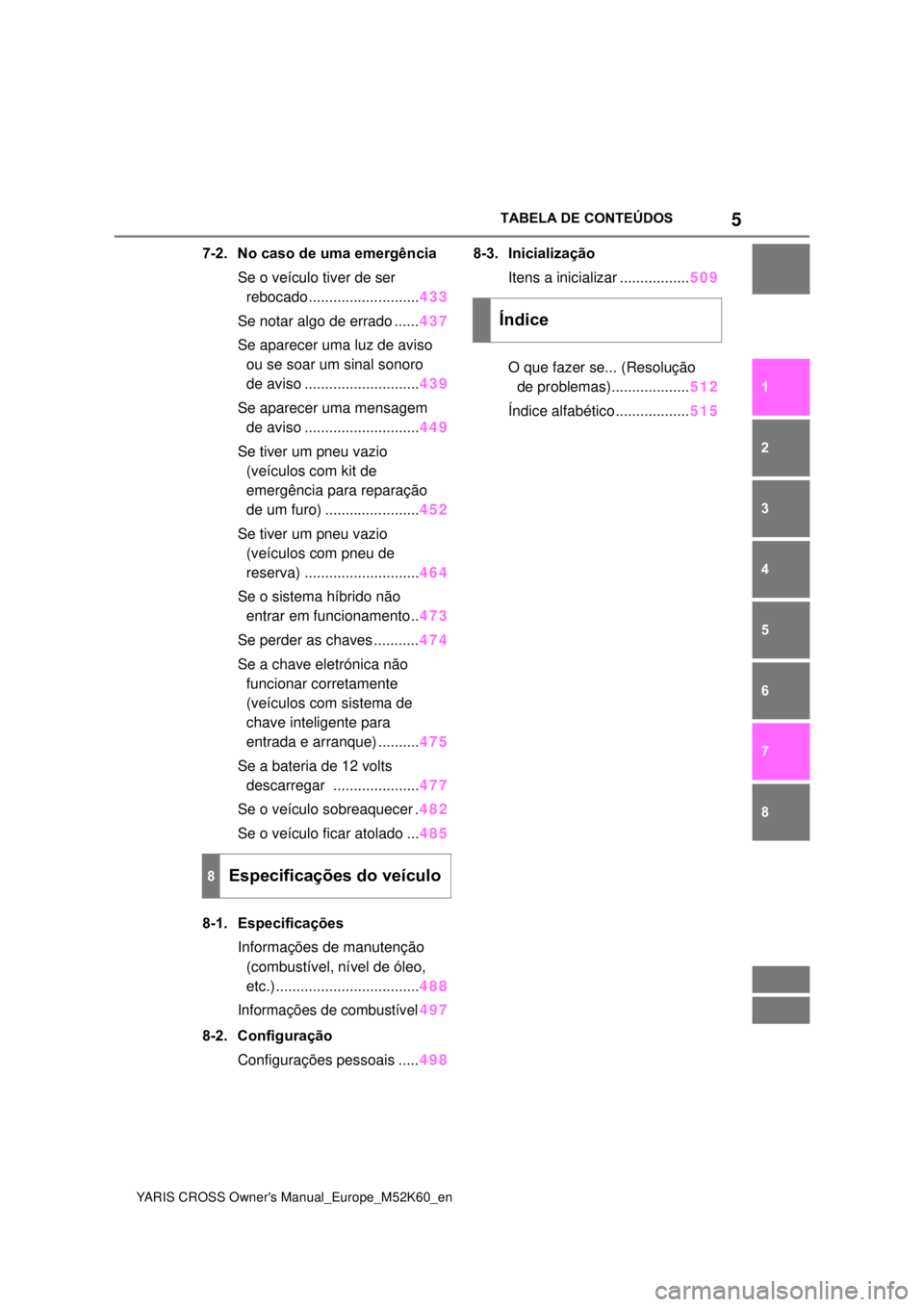 TOYOTA YARIS CROSS 2021  Manual de utilização (in Portuguese) 5
YARIS CROSS Owners Manual_Europe_M52K60_en
TABELA DE CONTEÚDOS
1
6 5
4
3
2
8
7
7-2. No caso de uma emergência
Se o veículo tiver de ser 
rebocado...........................433
Se notar algo de e