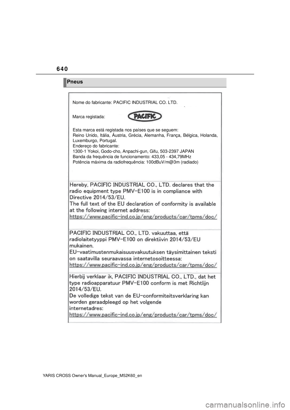 TOYOTA YARIS CROSS 2021  Manual de utilização (in Portuguese) 640
YARIS CROSS Owners Manual_Europe_M52K60_en
Pneus
Nome do fabricante: PACIFIC INDUSTRIAL CO. LTD.
Marca registada:
Esta marca está registada nos países que se seguem:
Reino Unido, Itália, Áust