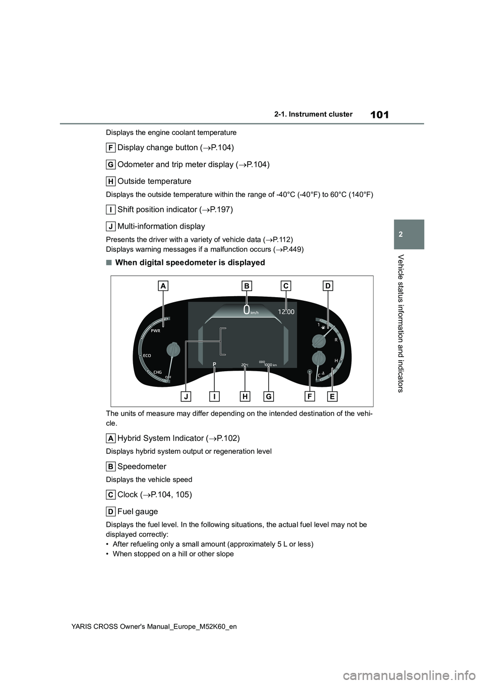 TOYOTA YARIS CROSS 2021  Owners Manual 101
2
YARIS CROSS Owner's Manual_Europe_M52K60_en
2-1. Instrument cluster
Vehicle status information and indicators
Displays the engine coolant temperature
Display change button (P. 1 0 4 ) 
Od