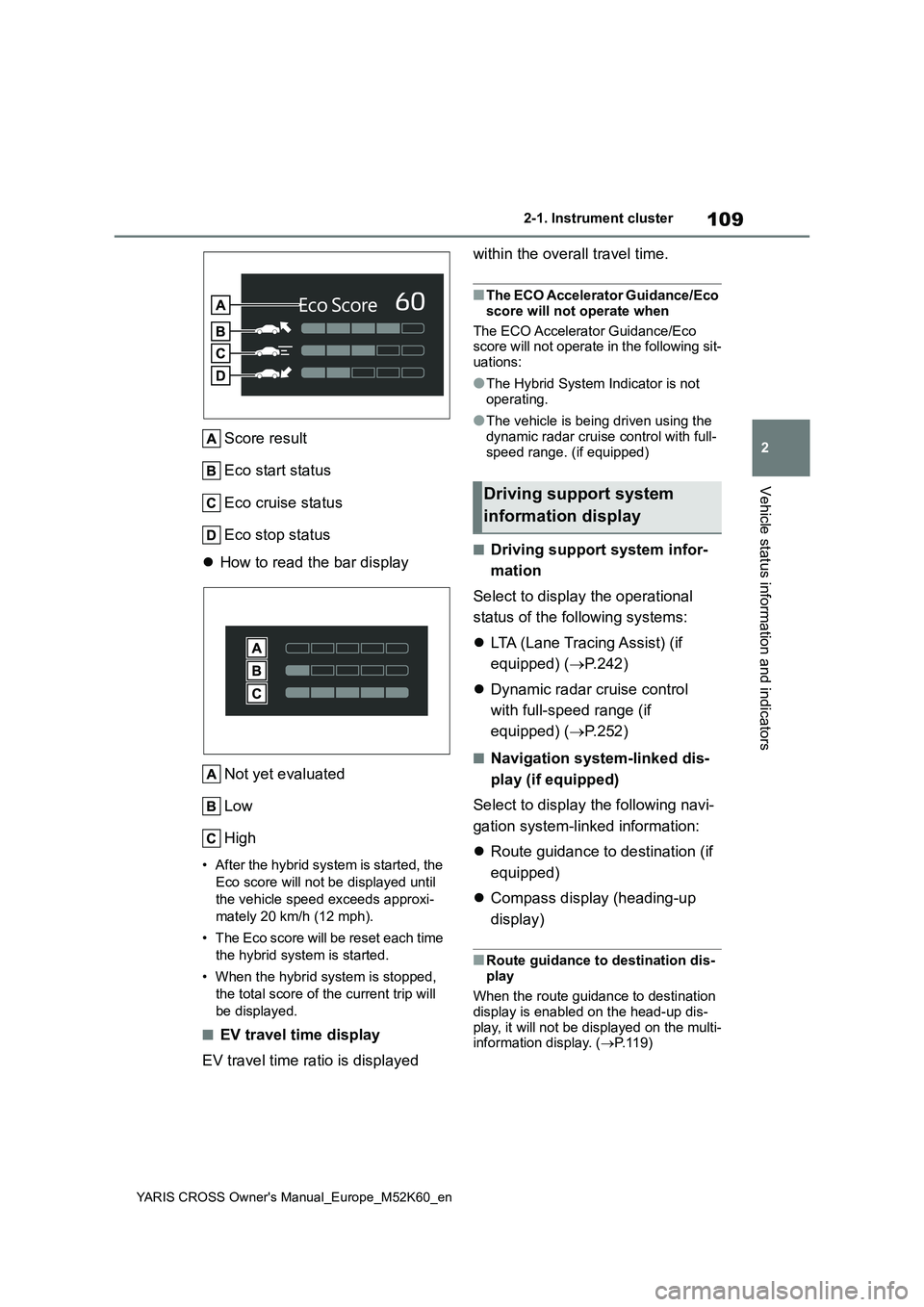 TOYOTA YARIS CROSS 2021  Owners Manual 109
2
YARIS CROSS Owner's Manual_Europe_M52K60_en
2-1. Instrument cluster
Vehicle status information and indicators
Score result 
Eco start status 
Eco cruise status
Eco stop status 
 How to re