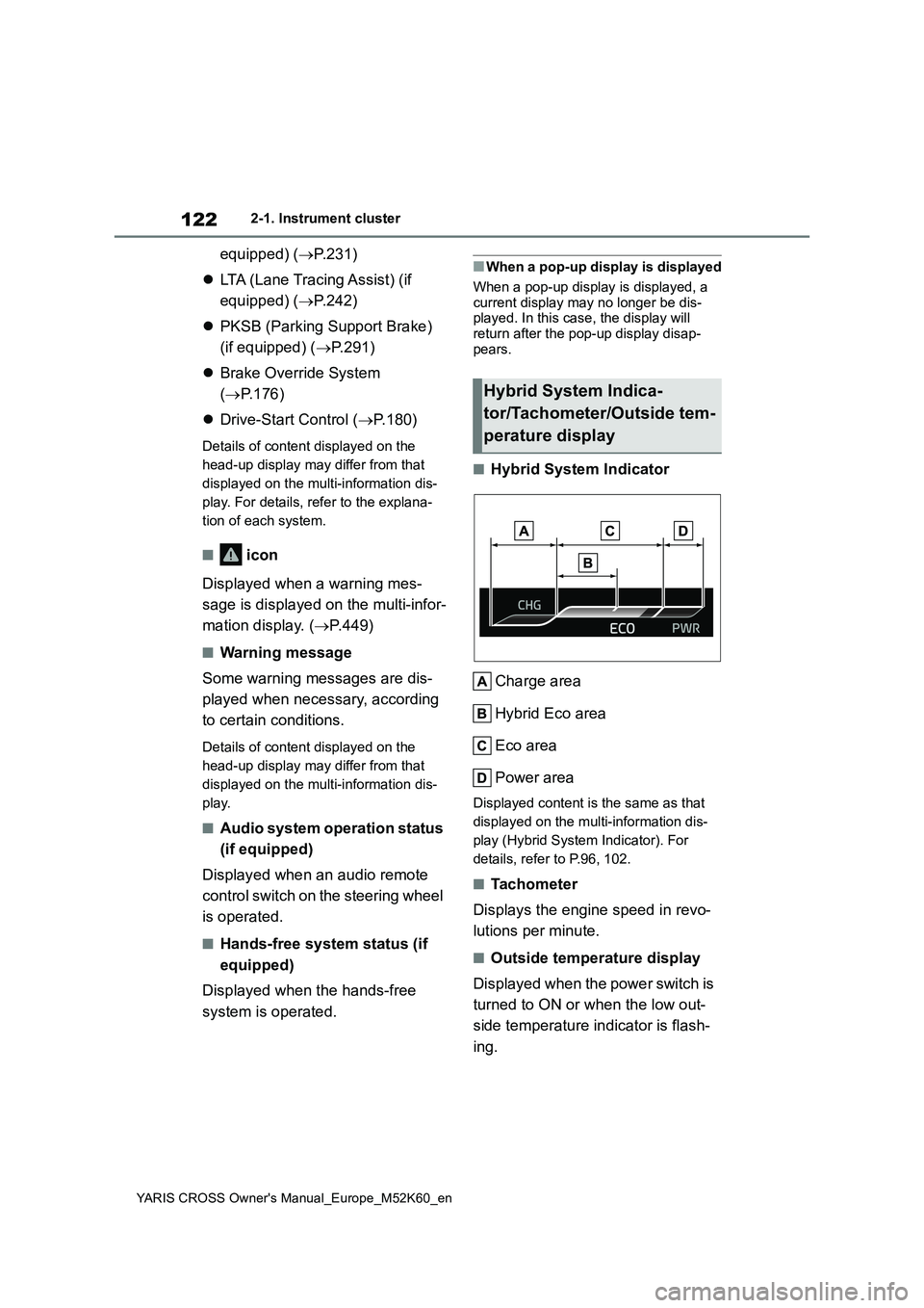 TOYOTA YARIS CROSS 2021 User Guide 122
YARIS CROSS Owner's Manual_Europe_M52K60_en
2-1. Instrument cluster
equipped) (P.231)
LTA (Lane Tracing Assist) (if
equipped) ( P.242)
PKSB (Parking Support Brake)
(if equi TOYOTA YARIS CROSS 2021 User Guide 122
YARIS CROSS Owner's Manual_Europe_M52K60_en
2-1. Instrument cluster
equipped) (P.231)
LTA (Lane Tracing Assist) (if
equipped) ( P.242)
PKSB (Parking Support Brake)
(if equi