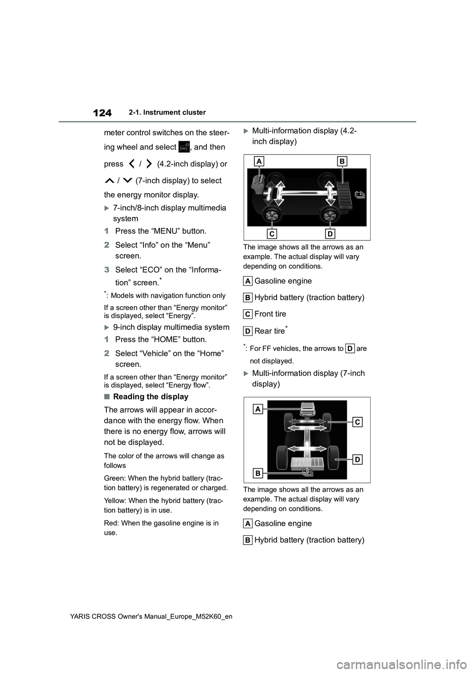 TOYOTA YARIS CROSS 2021  Owners Manual 124
YARIS CROSS Owner's Manual_Europe_M52K60_en
2-1. Instrument cluster
meter control switches on the steer- 
ing wheel and select  , and then  
press   /   (4.2-inch display) or 
 /   (7-inch dis