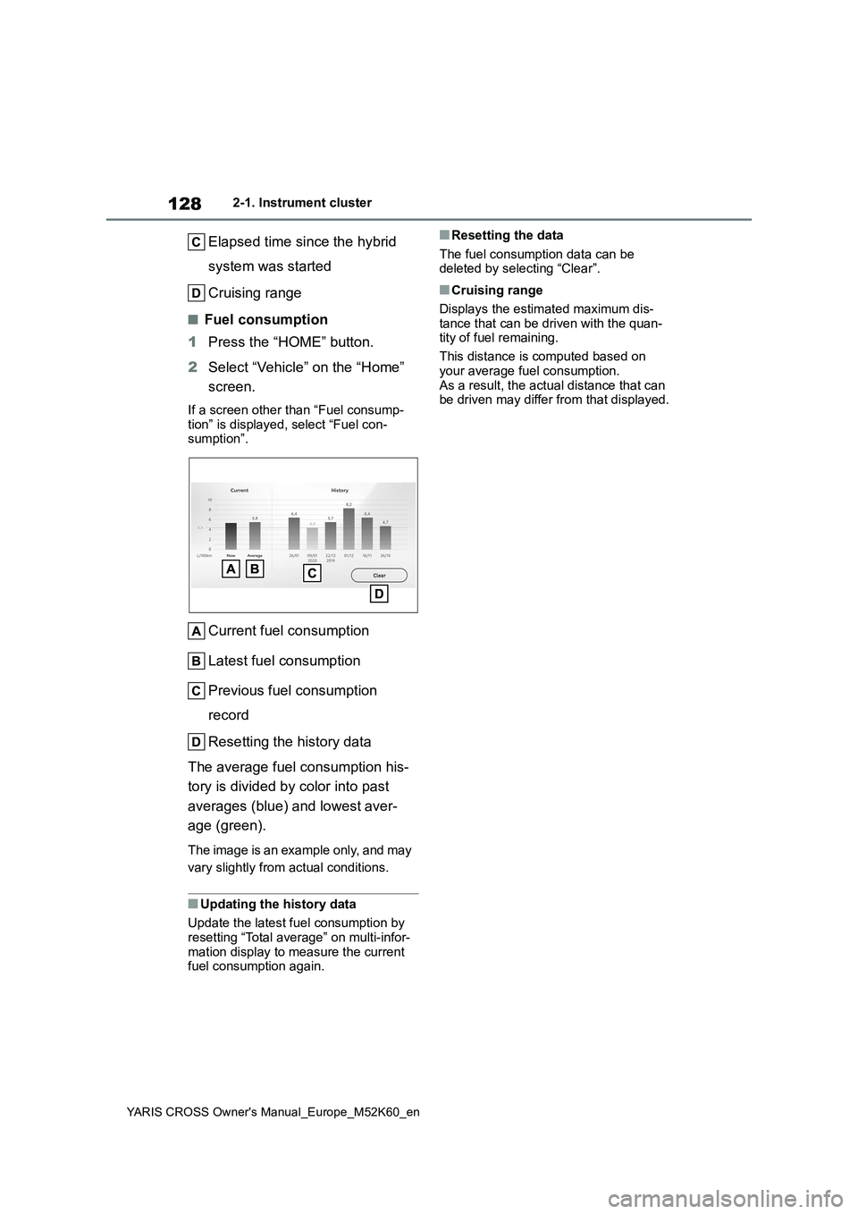 TOYOTA YARIS CROSS 2021 User Guide 128
YARIS CROSS Owner's Manual_Europe_M52K60_en
2-1. Instrument cluster
Elapsed time since the hybrid  
system was started 
Cruising range
■Fuel consumption 
1 Press the “HOME” button. 
2 Se