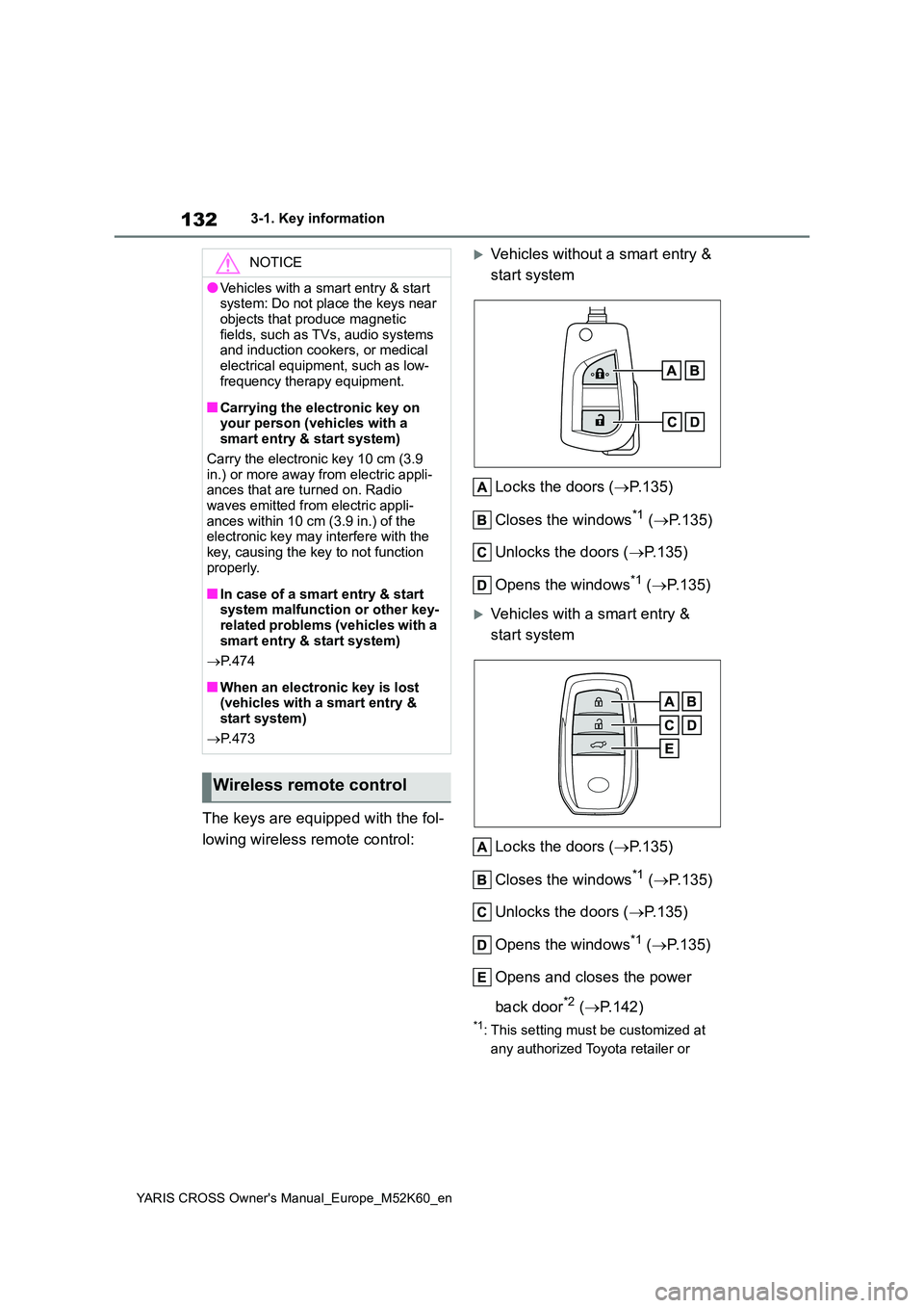 TOYOTA YARIS CROSS 2021  Owners Manual 132
YARIS CROSS Owner's Manual_Europe_M52K60_en
3-1. Key information
The keys are equipped with the fol- 
lowing wireless remote control:
Vehicles without a smart entry &  
start system 
Locks 