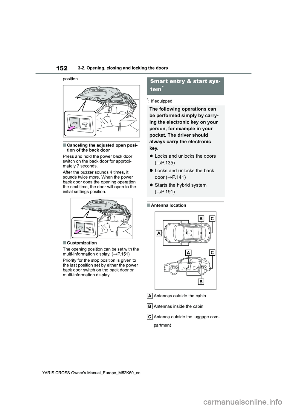 TOYOTA YARIS CROSS 2021  Owners Manual 152
YARIS CROSS Owner's Manual_Europe_M52K60_en
3-2. Opening, closing and locking the doors 
position.
■Canceling the adjusted open posi- tion of the back door 
Press and hold the power back doo