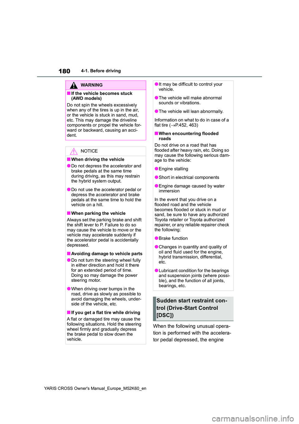TOYOTA YARIS CROSS 2021 Owners Manual 180
YARIS CROSS Owner's Manual_Europe_M52K60_en
4-1. Before driving
When the following unusual opera-
tion is performed with the accelera-
tor pedal depressed, the engine
WARNING
■If the vehi TOYOTA YARIS CROSS 2021 Owners Manual 180
YARIS CROSS Owner's Manual_Europe_M52K60_en
4-1. Before driving
When the following unusual opera-
tion is performed with the accelera-
tor pedal depressed, the engine
WARNING
■If the vehi