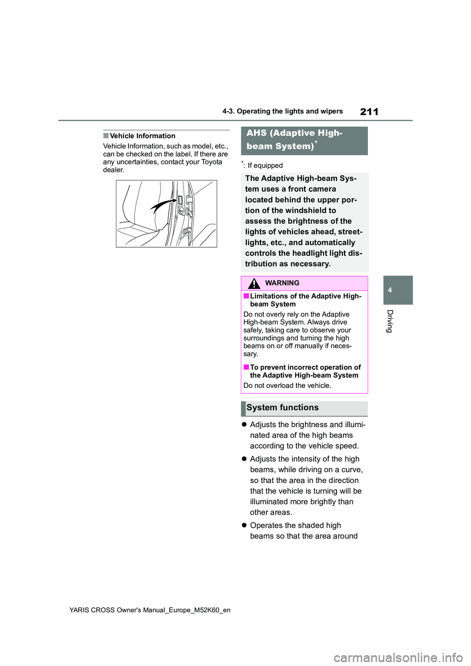 TOYOTA YARIS CROSS 2021  Owners Manual 211
4
YARIS CROSS Owner's Manual_Europe_M52K60_en
4-3. Operating the lights and wipers
Driving
■Vehicle Information 
Vehicle Information, such as model, etc.,  
can be checked on the label. If t