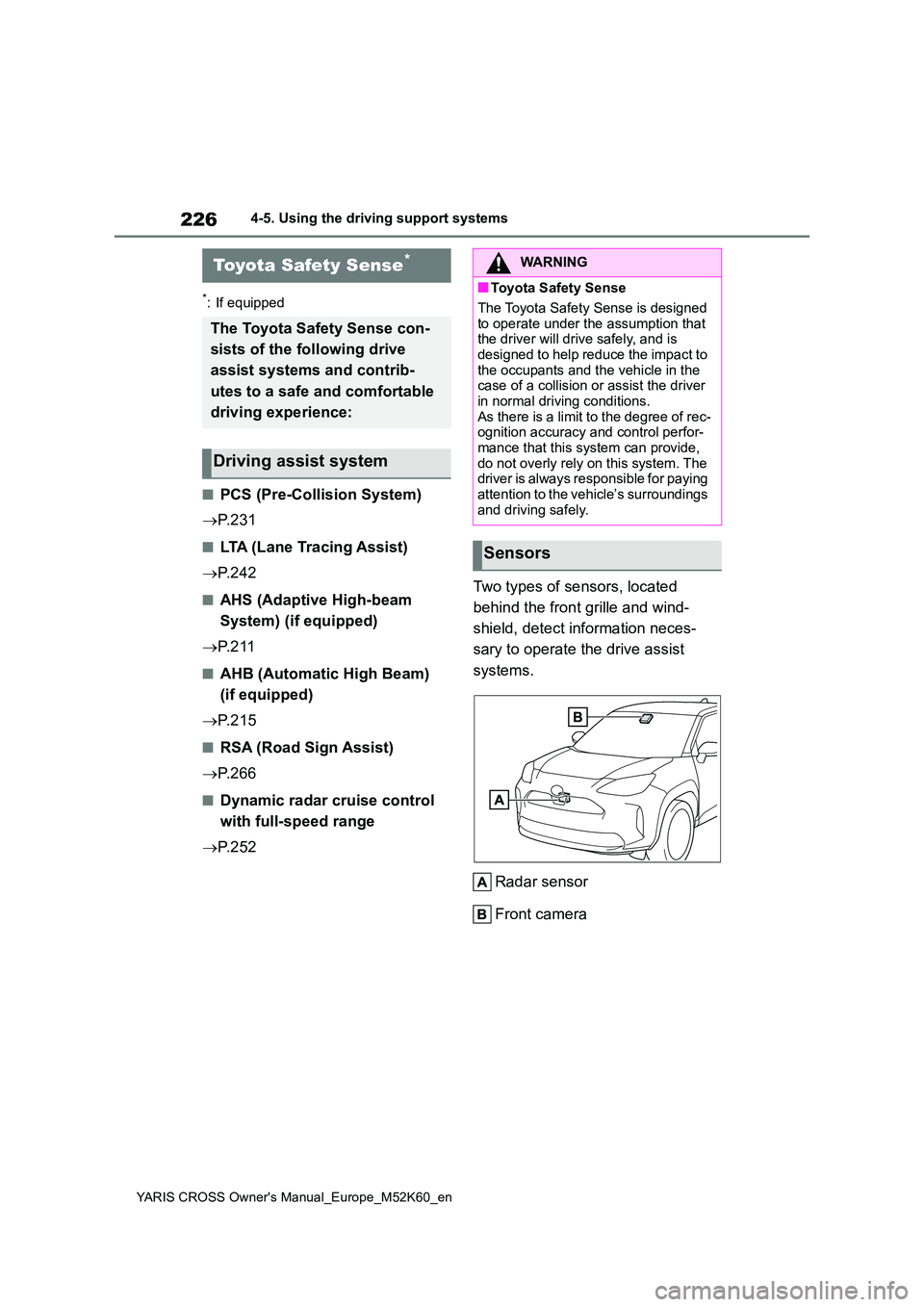 TOYOTA YARIS CROSS 2021 Owners Manual 226
YARIS CROSS Owner's Manual_Europe_M52K60_en
4-5. Using the driving support systems
4-5.Using the d riving s upport sy ste ms
*: If equipped
■PCS (Pre-Collision System)
P. 2 3 1
■LTA TOYOTA YARIS CROSS 2021 Owners Manual 226
YARIS CROSS Owner's Manual_Europe_M52K60_en
4-5. Using the driving support systems
4-5.Using the d riving s upport sy ste ms
*: If equipped
■PCS (Pre-Collision System)
P. 2 3 1
■LTA