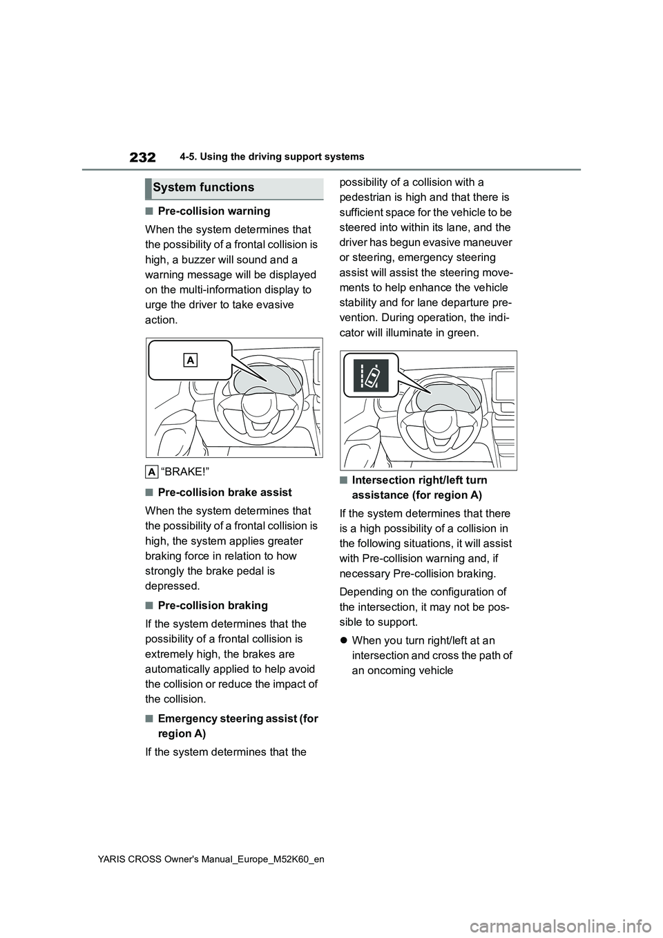 TOYOTA YARIS CROSS 2021 Owners Manual 232
YARIS CROSS Owner's Manual_Europe_M52K60_en
4-5. Using the driving support systems
■Pre-collision warning
When the system determines that
the possibility of a frontal collision is
high, TOYOTA YARIS CROSS 2021 Owners Manual 232
YARIS CROSS Owner's Manual_Europe_M52K60_en
4-5. Using the driving support systems
■Pre-collision warning
When the system determines that
the possibility of a frontal collision is
high,