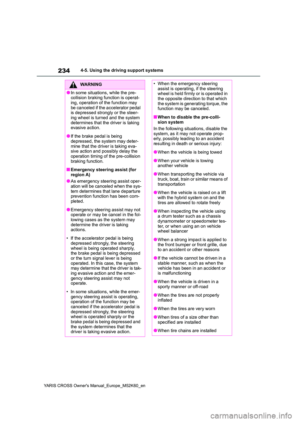TOYOTA YARIS CROSS 2021 Owners Manual 234
YARIS CROSS Owner's Manual_Europe_M52K60_en
4-5. Using the driving support systems
WARNING
●In some situations, while the pre- collision braking function is operat-
ing, operation of the fu TOYOTA YARIS CROSS 2021 Owners Manual 234
YARIS CROSS Owner's Manual_Europe_M52K60_en
4-5. Using the driving support systems
WARNING
●In some situations, while the pre- collision braking function is operat-
ing, operation of the fu