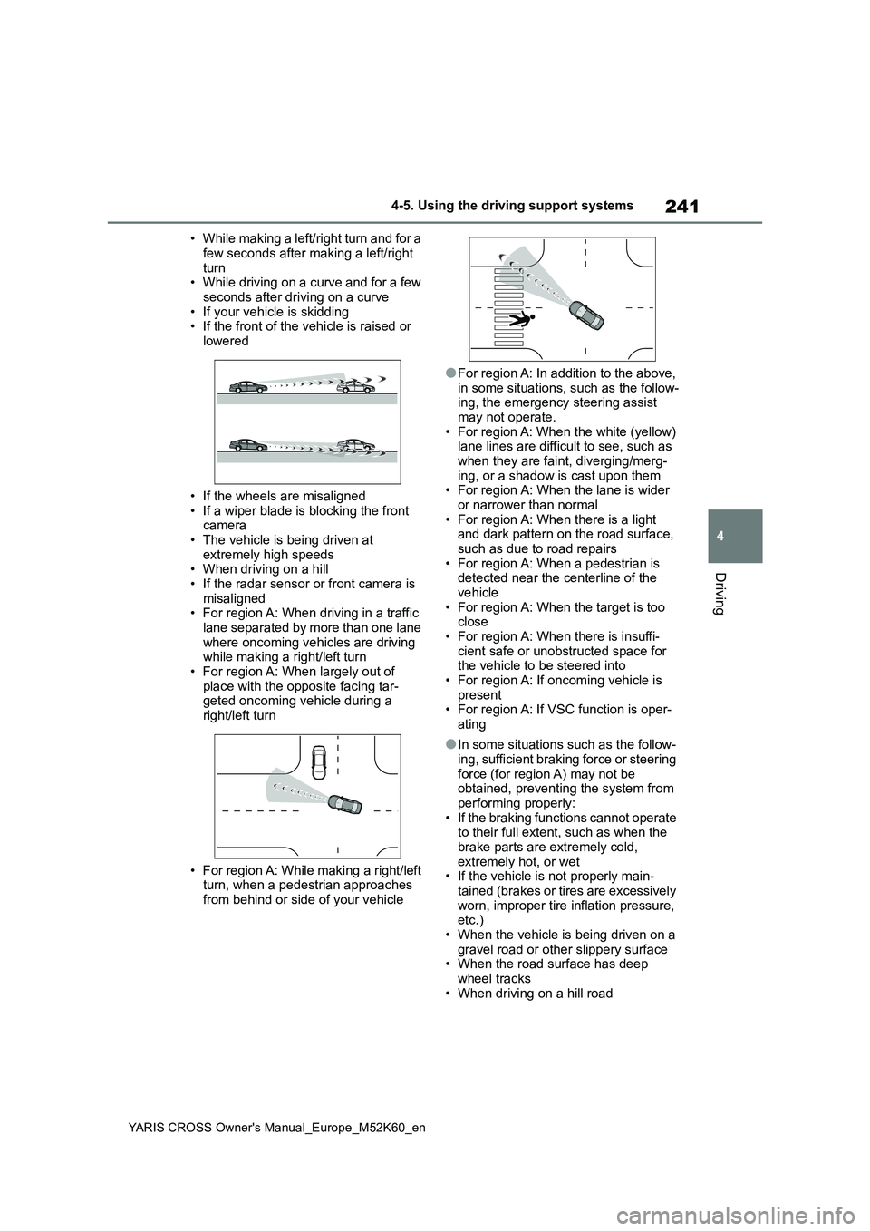 TOYOTA YARIS CROSS 2021  Owners Manual 241
4
YARIS CROSS Owner's Manual_Europe_M52K60_en
4-5. Using the driving support systems
Driving
• While making a left/right turn and for a  
few seconds after making a left/right  turn• While