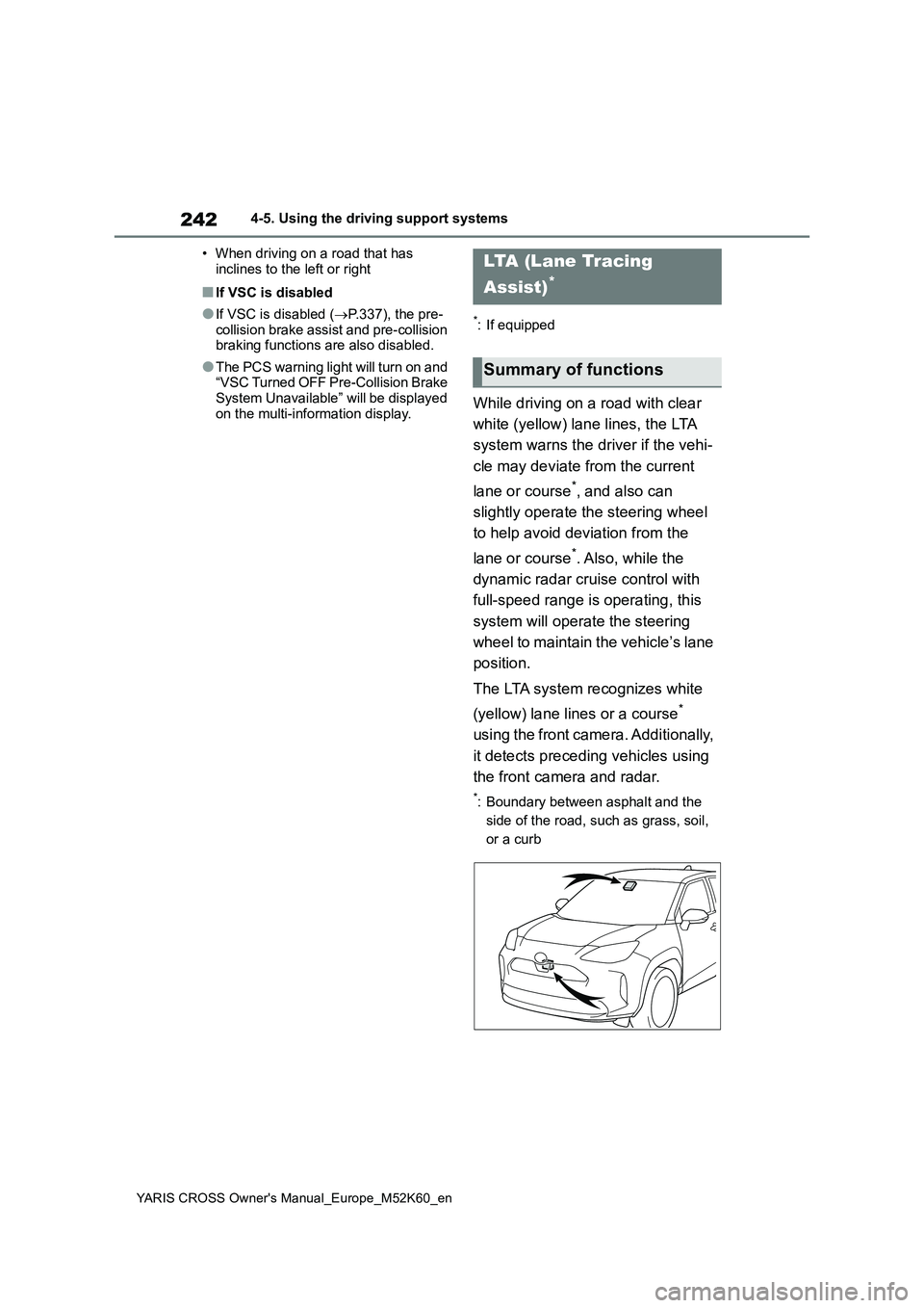 TOYOTA YARIS CROSS 2021  Owners Manual 242
YARIS CROSS Owner's Manual_Europe_M52K60_en
4-5. Using the driving support systems 
• When driving on a road that has  
inclines to the left or right
■If VSC is disabled
●If VSC is disab
