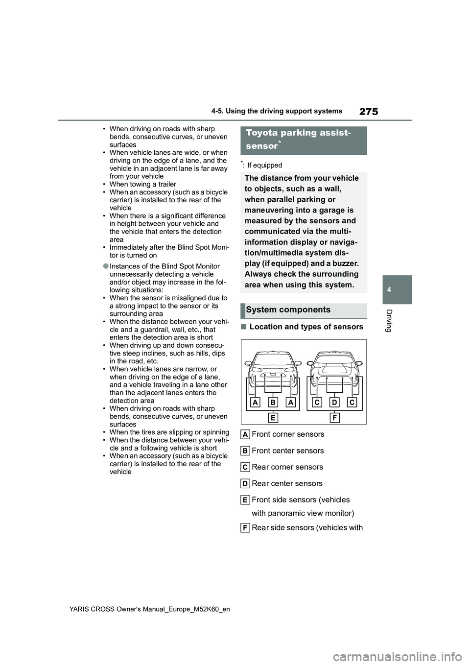 TOYOTA YARIS CROSS 2021 Service Manual 275
4
YARIS CROSS Owner's Manual_Europe_M52K60_en
4-5. Using the driving support systems
Driving
• When driving on roads with sharp
bends, consecutive curves, or uneven surfaces• When vehic TOYOTA YARIS CROSS 2021 Service Manual 275
4
YARIS CROSS Owner's Manual_Europe_M52K60_en
4-5. Using the driving support systems
Driving
• When driving on roads with sharp
bends, consecutive curves, or uneven surfaces• When vehic