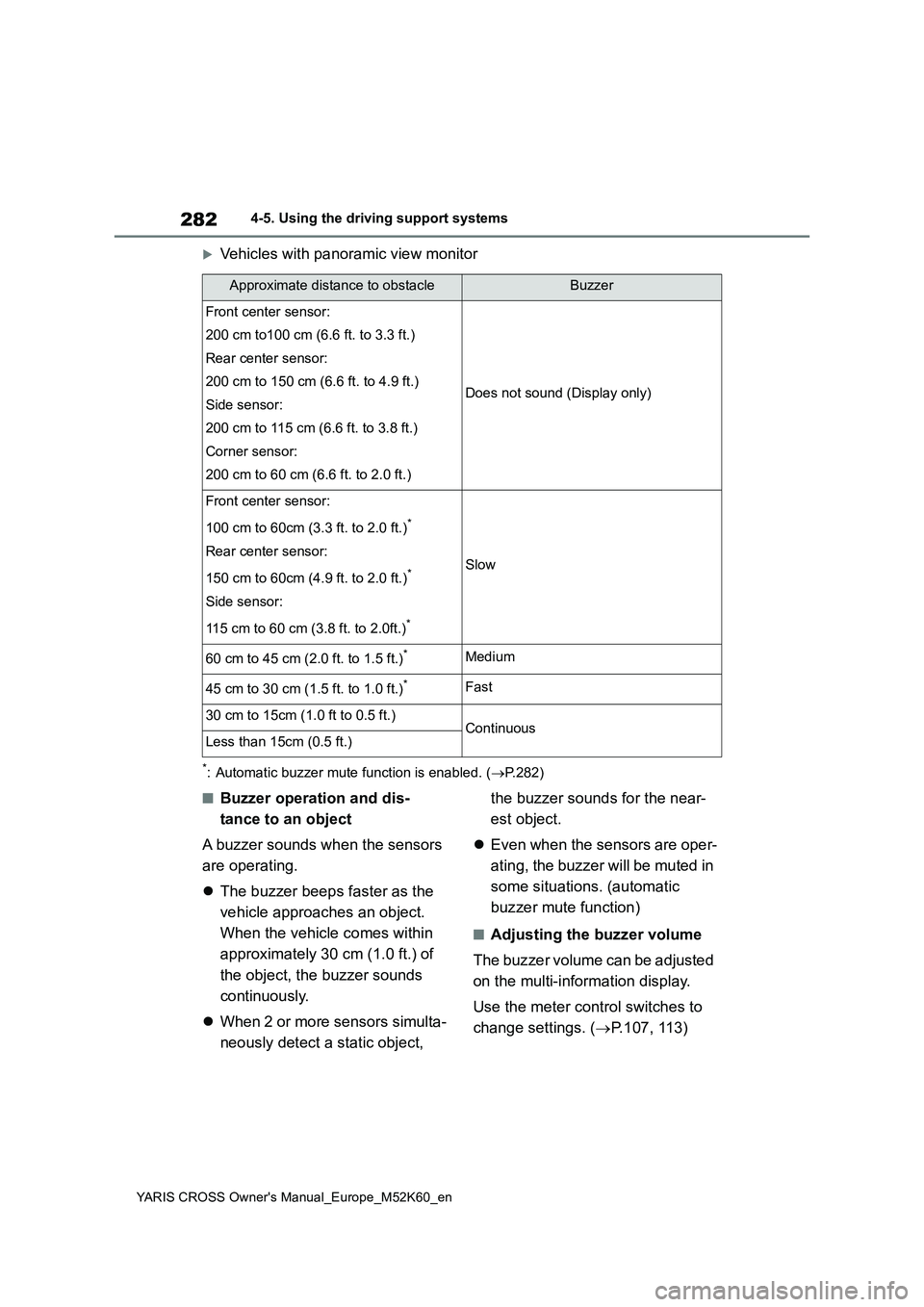 TOYOTA YARIS CROSS 2021  Owners Manual 282
YARIS CROSS Owner's Manual_Europe_M52K60_en
4-5. Using the driving support systems
Vehicles with panoramic view monitor
*: Automatic buzzer mute function is enabled. (P.282)
■Buzzer op