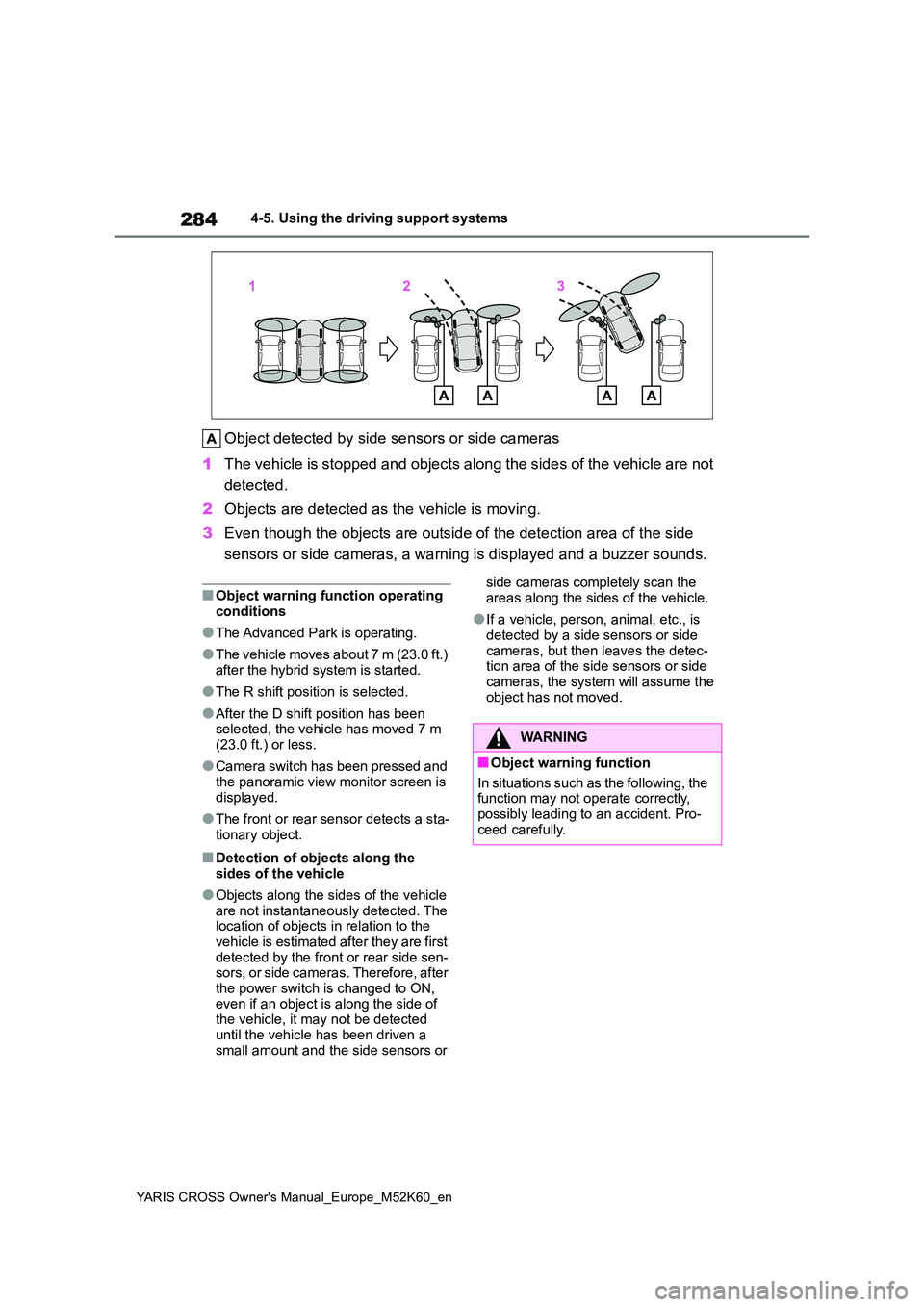 TOYOTA YARIS CROSS 2021 User Guide 284
YARIS CROSS Owner's Manual_Europe_M52K60_en
4-5. Using the driving support systems
Object detected by side sensors or side cameras 
1 The vehicle is stopped and objects along the sides of the 