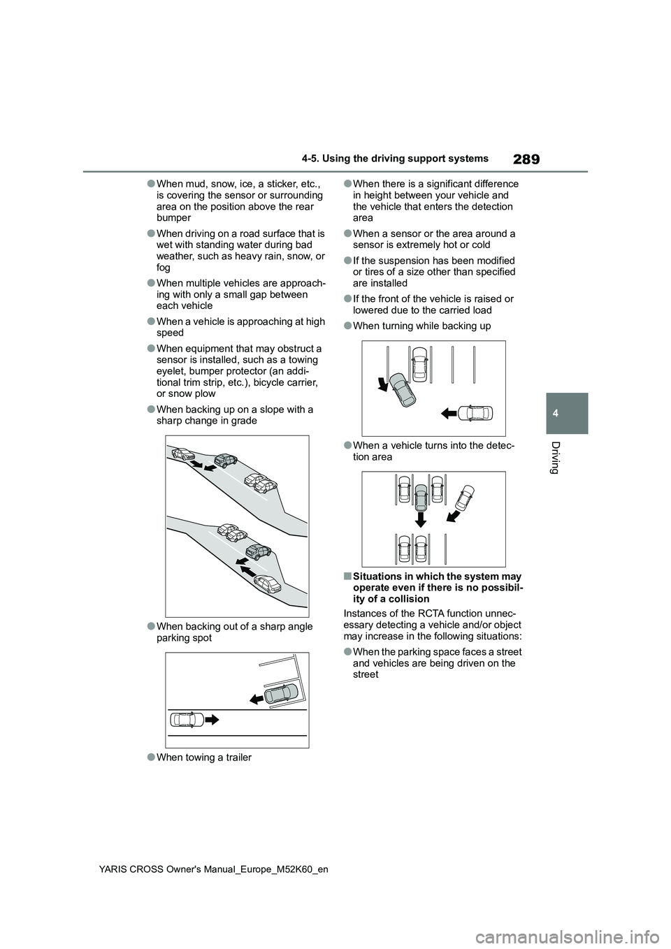 TOYOTA YARIS CROSS 2021 Owners Manual 289
4
YARIS CROSS Owner's Manual_Europe_M52K60_en
4-5. Using the driving support systems
Driving
●When mud, snow, ice, a sticker, etc.,
is covering the sensor or surrounding area on the posit TOYOTA YARIS CROSS 2021 Owners Manual 289
4
YARIS CROSS Owner's Manual_Europe_M52K60_en
4-5. Using the driving support systems
Driving
●When mud, snow, ice, a sticker, etc.,
is covering the sensor or surrounding area on the posit