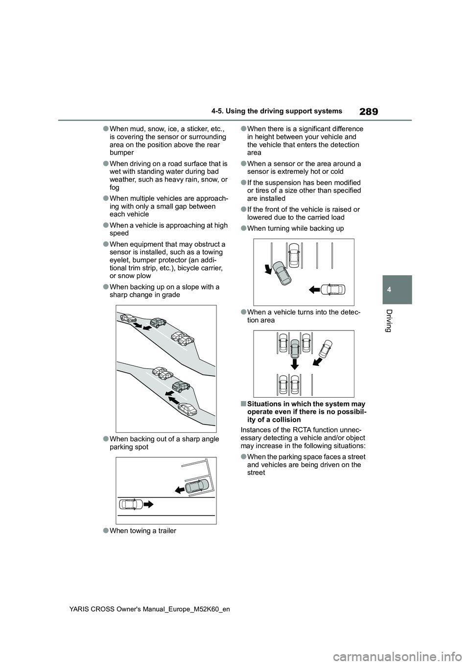 TOYOTA YARIS CROSS 2021  Owners Manual 289
4
YARIS CROSS Owner's Manual_Europe_M52K60_en
4-5. Using the driving support systems
Driving
●When mud, snow, ice, a sticker, etc.,  
is covering the sensor or surrounding  area on the posit