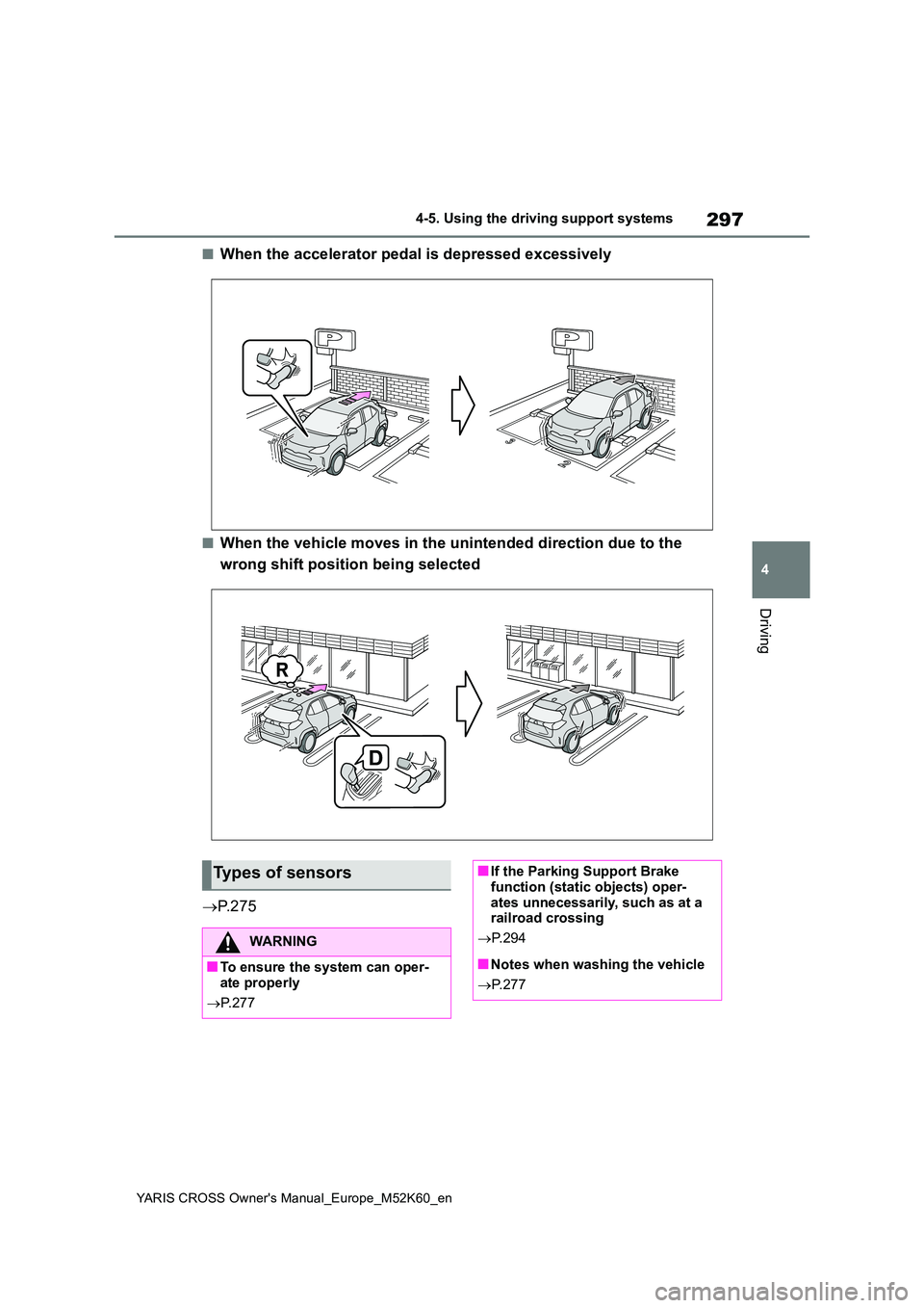 TOYOTA YARIS CROSS 2021 Repair Manual 297
4
YARIS CROSS Owner's Manual_Europe_M52K60_en
4-5. Using the driving support systems
Driving
■When the accelerator pedal is depressed excessively
■When the vehicle moves in the unintended TOYOTA YARIS CROSS 2021 Repair Manual 297
4
YARIS CROSS Owner's Manual_Europe_M52K60_en
4-5. Using the driving support systems
Driving
■When the accelerator pedal is depressed excessively
■When the vehicle moves in the unintended