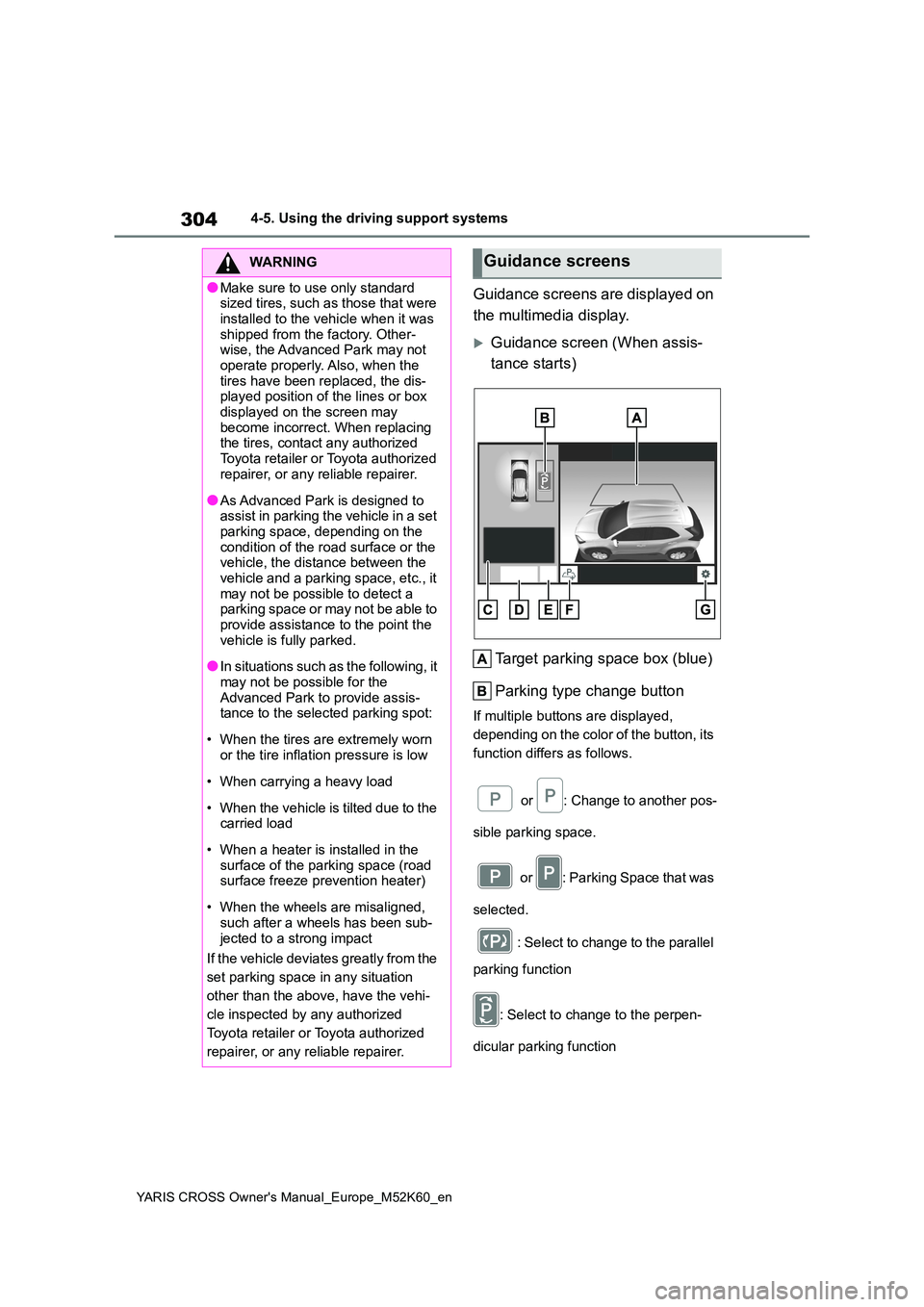 TOYOTA YARIS CROSS 2021 User Guide 304
YARIS CROSS Owner's Manual_Europe_M52K60_en
4-5. Using the driving support systems
Guidance screens are displayed on  
the multimedia display.
Guidance screen (When assis- 
tance starts) 
T