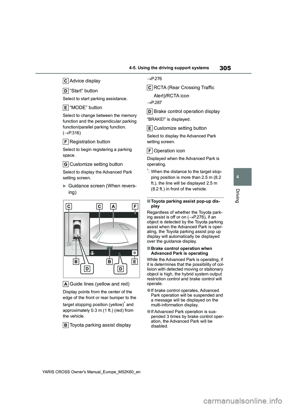 TOYOTA YARIS CROSS 2021 Owners Manual 305
4
YARIS CROSS Owner's Manual_Europe_M52K60_en
4-5. Using the driving support systems
Driving
Advice display
“Start” button
Select to start parking assistance.
“MODE” button
Select to TOYOTA YARIS CROSS 2021 Owners Manual 305
4
YARIS CROSS Owner's Manual_Europe_M52K60_en
4-5. Using the driving support systems
Driving
Advice display
“Start” button
Select to start parking assistance.
“MODE” button
Select to