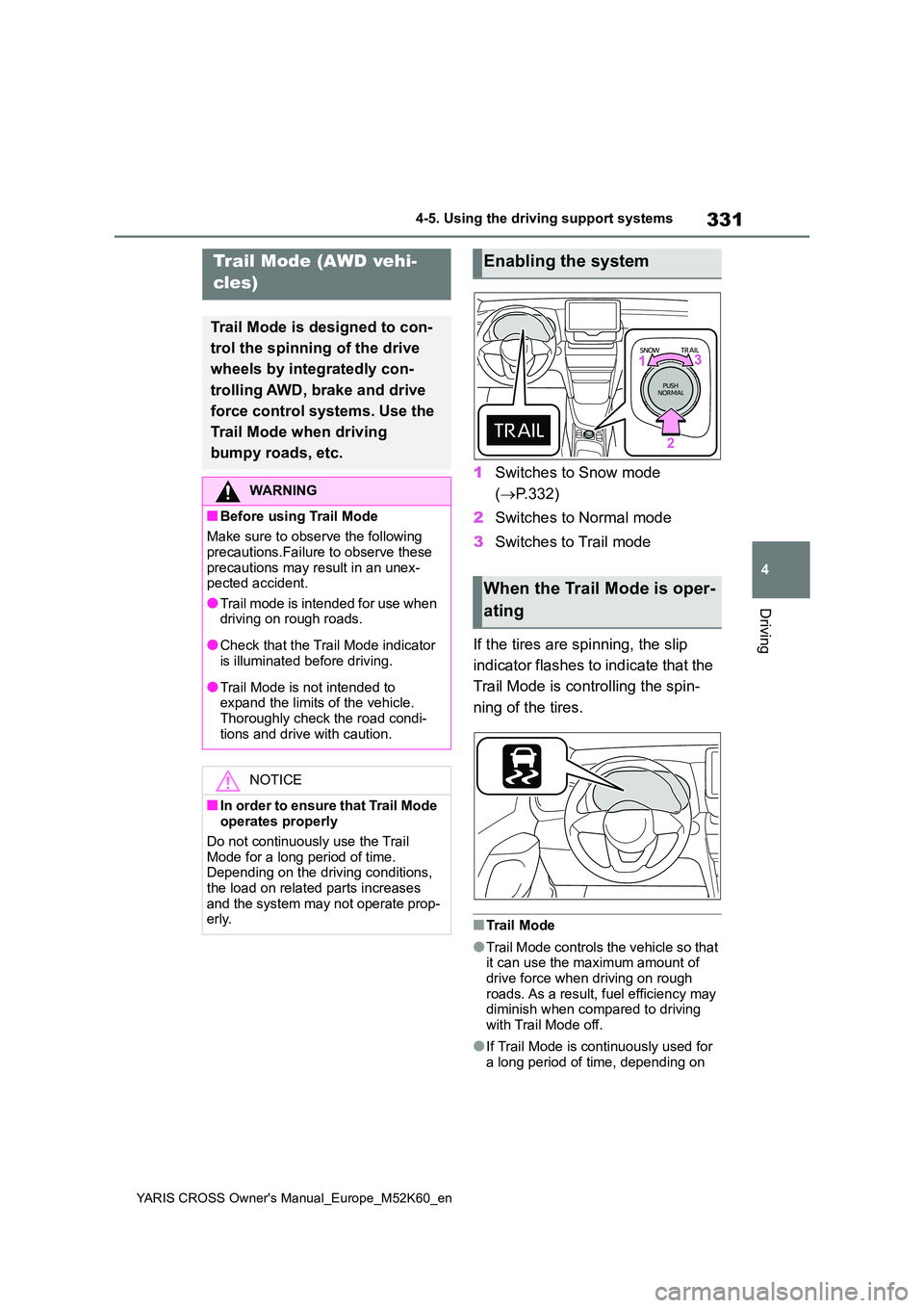 TOYOTA YARIS CROSS 2021 Owners Manual 331
4
YARIS CROSS Owner's Manual_Europe_M52K60_en
4-5. Using the driving support systems
Driving
1Switches to Snow mode
( P.332)
2 Switches to Normal mode
3 Switches to Trail mode
If the t TOYOTA YARIS CROSS 2021 Owners Manual 331
4
YARIS CROSS Owner's Manual_Europe_M52K60_en
4-5. Using the driving support systems
Driving
1Switches to Snow mode
( P.332)
2 Switches to Normal mode
3 Switches to Trail mode
If the t