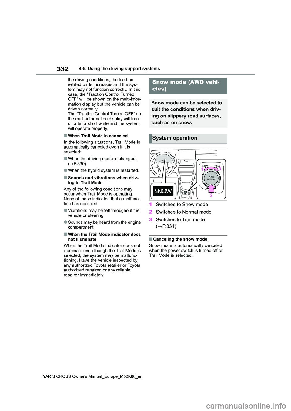 TOYOTA YARIS CROSS 2021 Owners Manual 332
YARIS CROSS Owner's Manual_Europe_M52K60_en
4-5. Using the driving support systems
the driving conditions, the load on
related parts increases and the sys- tem may not function correctly. I TOYOTA YARIS CROSS 2021 Owners Manual 332
YARIS CROSS Owner's Manual_Europe_M52K60_en
4-5. Using the driving support systems
the driving conditions, the load on
related parts increases and the sys- tem may not function correctly. I