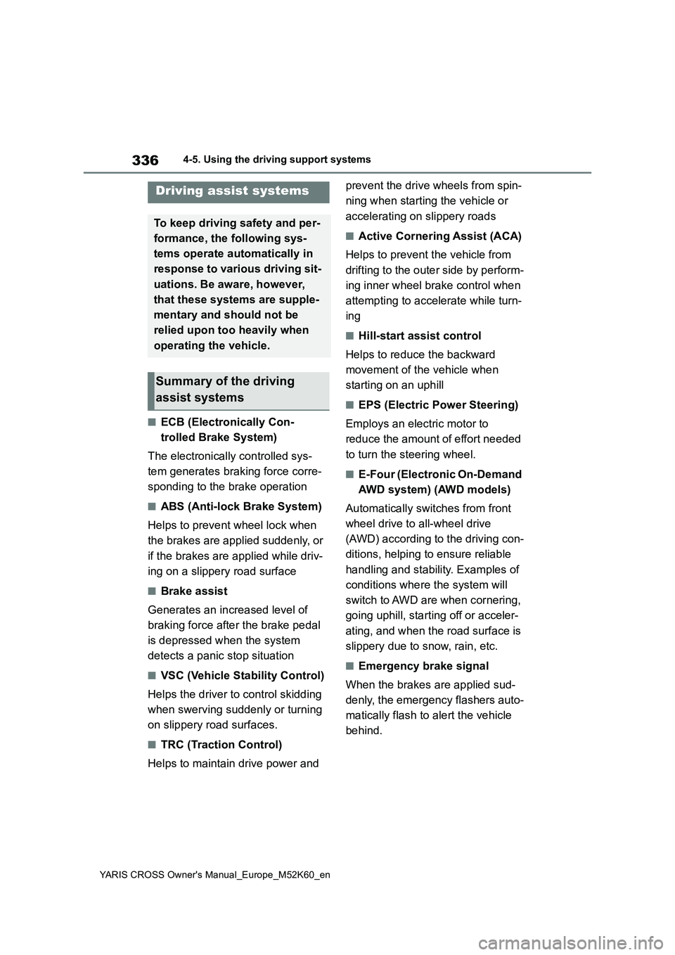 TOYOTA YARIS CROSS 2021 Owners Manual 336
YARIS CROSS Owner's Manual_Europe_M52K60_en
4-5. Using the driving support systems
■ECB (Electronically Con-
trolled Brake System)
The electronically controlled sys-
tem generates braking TOYOTA YARIS CROSS 2021 Owners Manual 336
YARIS CROSS Owner's Manual_Europe_M52K60_en
4-5. Using the driving support systems
■ECB (Electronically Con-
trolled Brake System)
The electronically controlled sys-
tem generates braking