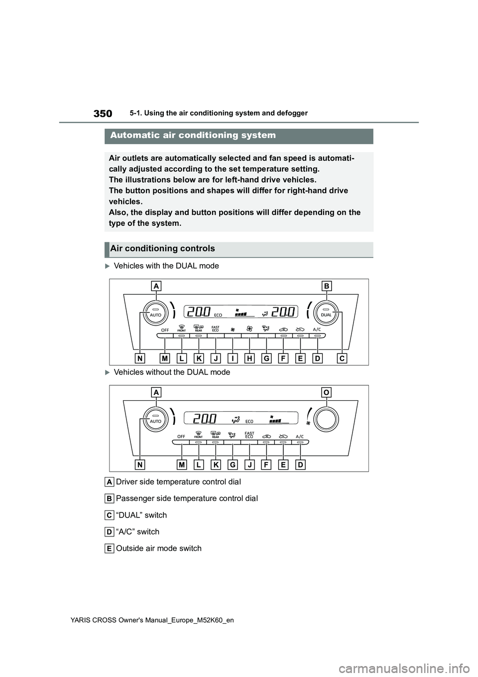 TOYOTA YARIS CROSS 2021 Service Manual 350
YARIS CROSS Owner's Manual_Europe_M52K60_en
5-1. Using the air conditioning system and defogger
5-1.Using the a ir c onditioning sys te m and de fog ger
Vehicles with the DUAL mode
Veh TOYOTA YARIS CROSS 2021 Service Manual 350
YARIS CROSS Owner's Manual_Europe_M52K60_en
5-1. Using the air conditioning system and defogger
5-1.Using the a ir c onditioning sys te m and de fog ger
Vehicles with the DUAL mode
Veh