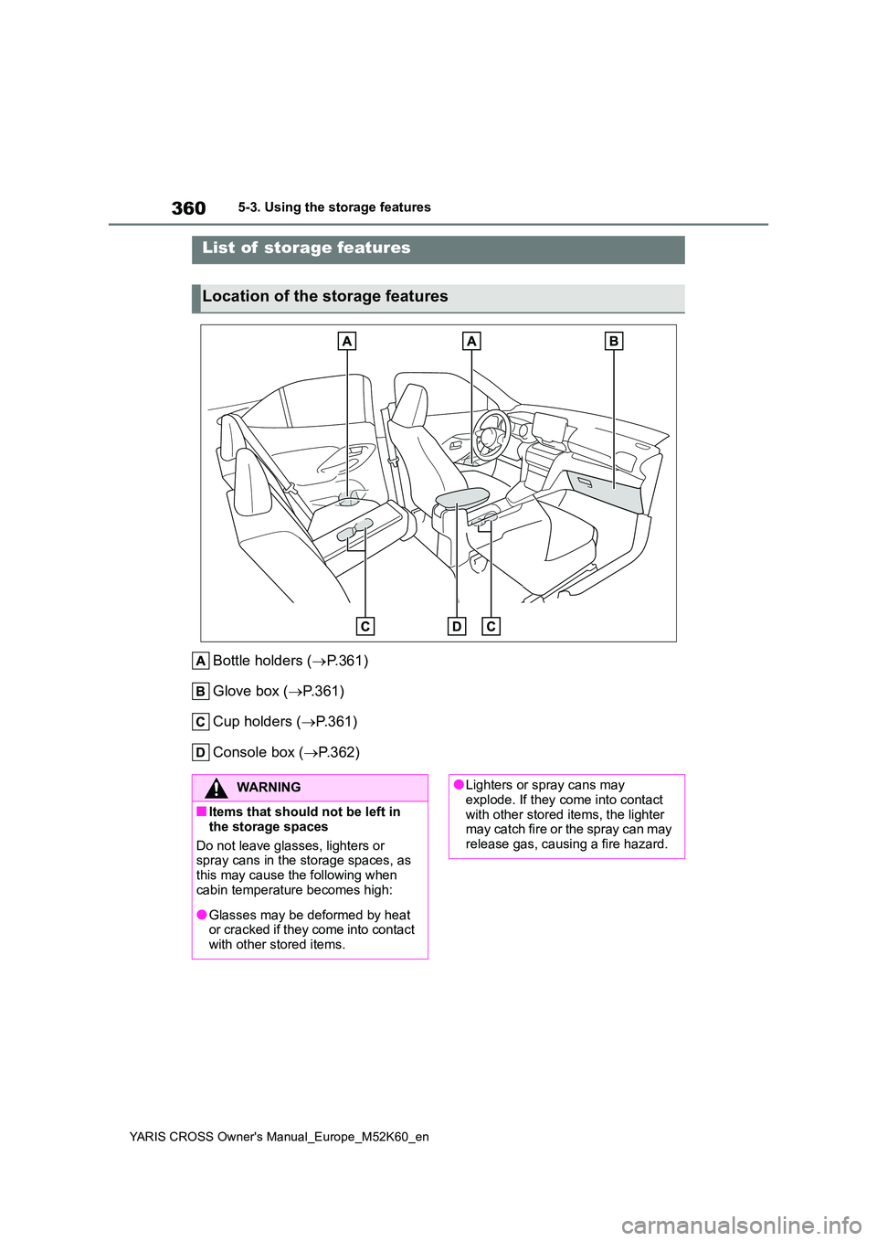 TOYOTA YARIS CROSS 2021  Owners Manual 360
YARIS CROSS Owner's Manual_Europe_M52K60_en
5-3. Using the storage features
5-3.Using the  s torage feature s
Bottle holders (P.361) 
Glove box ( P.361) 
Cup holders ( P.361) 
Console