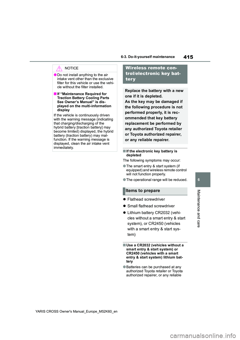 TOYOTA YARIS CROSS 2021 Owners Manual 415
6
YARIS CROSS Owner's Manual_Europe_M52K60_en
6-3. Do-it-yourself maintenance
Maintenance and care
■If the electronic key battery is depleted
The following symptoms may occur:
●The smart TOYOTA YARIS CROSS 2021 Owners Manual 415
6
YARIS CROSS Owner's Manual_Europe_M52K60_en
6-3. Do-it-yourself maintenance
Maintenance and care
■If the electronic key battery is depleted
The following symptoms may occur:
●The smart