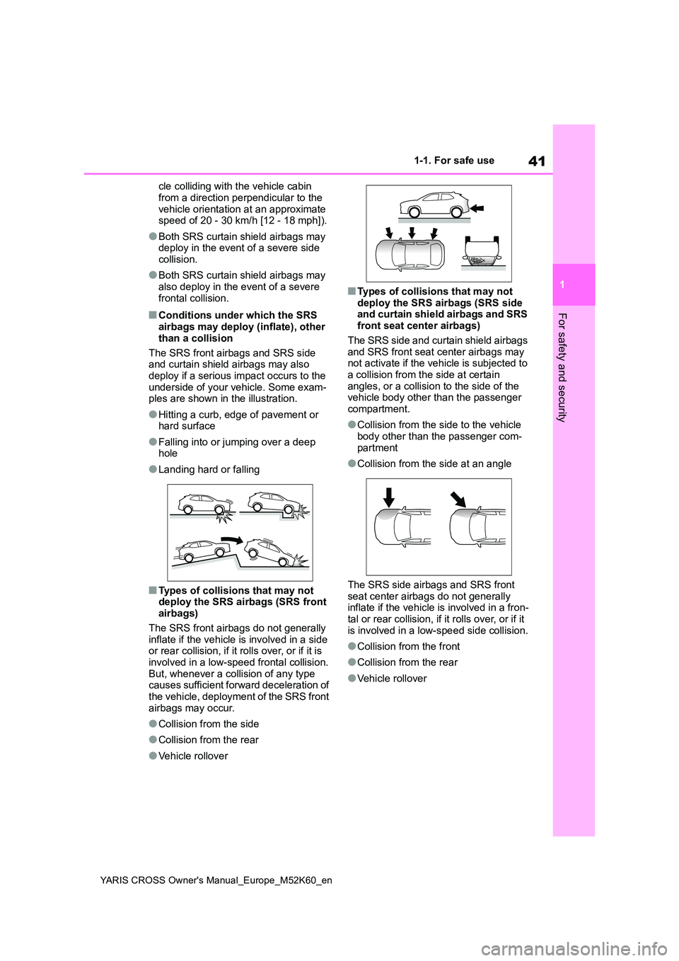 TOYOTA YARIS CROSS 2021 Service Manual 41
1
YARIS CROSS Owner's Manual_Europe_M52K60_en
1-1. For safe use
For safety and security
cle colliding with the vehicle cabin
from a direction perpendicular to the vehicle orientation at an a TOYOTA YARIS CROSS 2021 Service Manual 41
1
YARIS CROSS Owner's Manual_Europe_M52K60_en
1-1. For safe use
For safety and security
cle colliding with the vehicle cabin
from a direction perpendicular to the vehicle orientation at an a