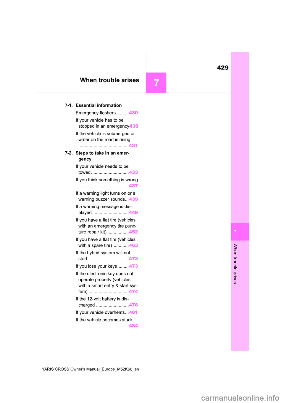 TOYOTA YARIS CROSS 2021 Owners Manual 7
429
YARIS CROSS Owner's Manual_Europe_M52K60_en
7
When trouble arises
When trouble arises
7-1. Essential information
Emergency flashers .......... 430
If your vehicle has to be
stopped in an TOYOTA YARIS CROSS 2021 Owners Manual 7
429
YARIS CROSS Owner's Manual_Europe_M52K60_en
7
When trouble arises
When trouble arises
7-1. Essential information
Emergency flashers .......... 430
If your vehicle has to be
stopped in an