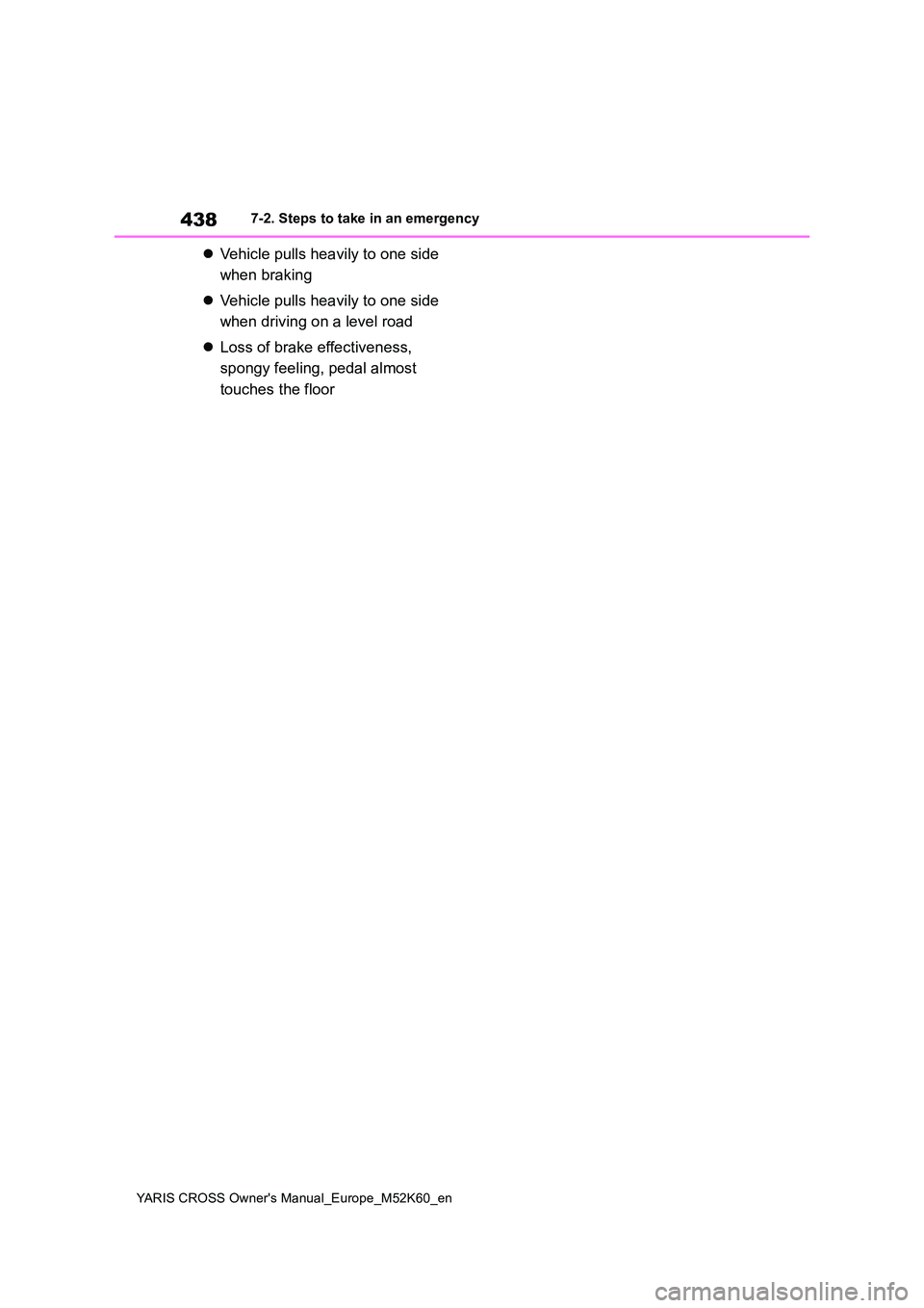 TOYOTA YARIS CROSS 2021 Owners Manual 438
YARIS CROSS Owner's Manual_Europe_M52K60_en
7-2. Steps to take in an emergency
Vehicle pulls heavily to one side
when braking
Vehicle pulls heavily to one side
when driving on a le TOYOTA YARIS CROSS 2021 Owners Manual 438
YARIS CROSS Owner's Manual_Europe_M52K60_en
7-2. Steps to take in an emergency
Vehicle pulls heavily to one side
when braking
Vehicle pulls heavily to one side
when driving on a le