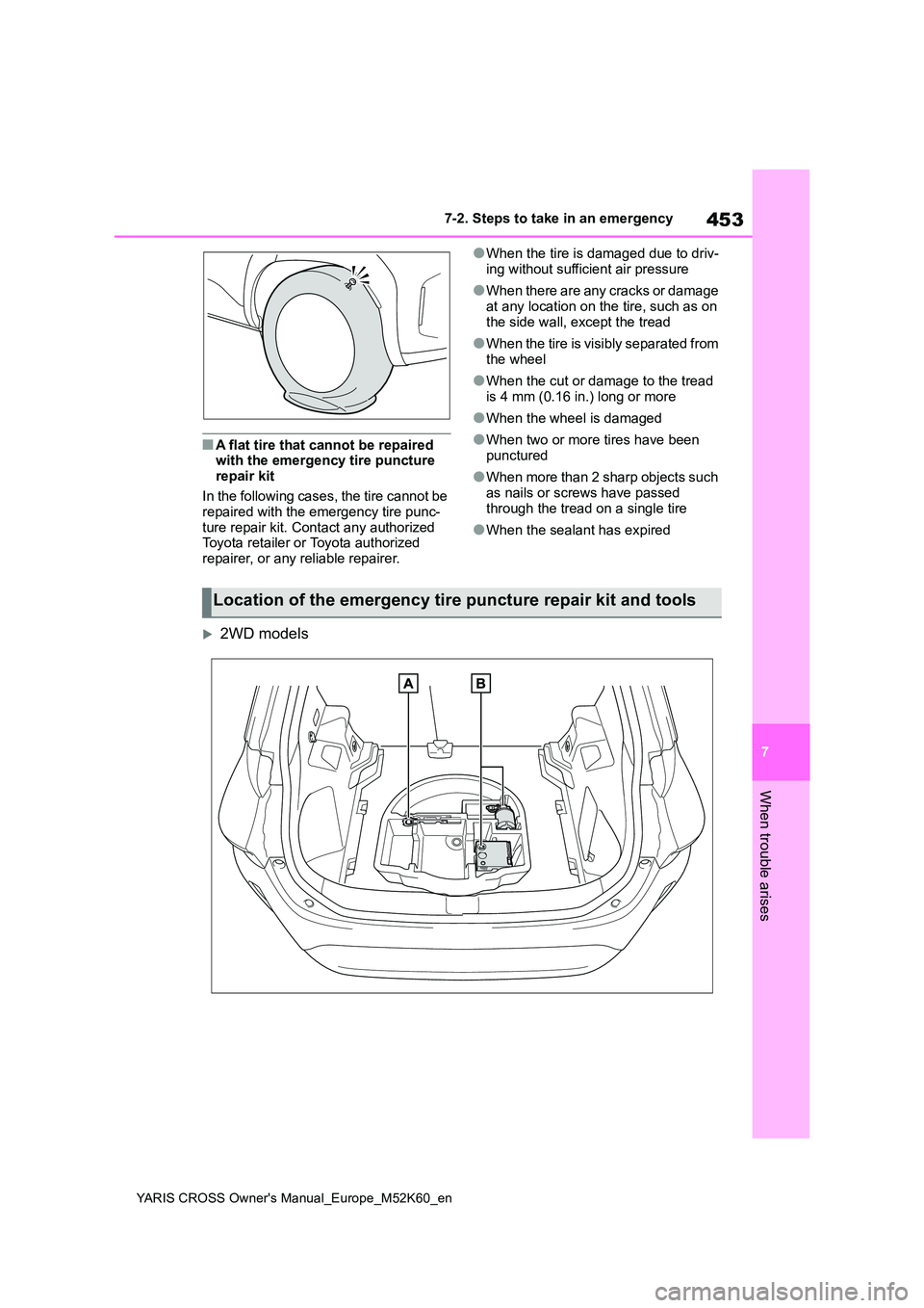 TOYOTA YARIS CROSS 2021 Owners Manual 453
7
YARIS CROSS Owner's Manual_Europe_M52K60_en
7-2. Steps to take in an emergency
When trouble arises
■A flat tire that cannot be repaired with the emergency tire puncture
repair kit
In t TOYOTA YARIS CROSS 2021 Owners Manual 453
7
YARIS CROSS Owner's Manual_Europe_M52K60_en
7-2. Steps to take in an emergency
When trouble arises
■A flat tire that cannot be repaired with the emergency tire puncture
repair kit
In t