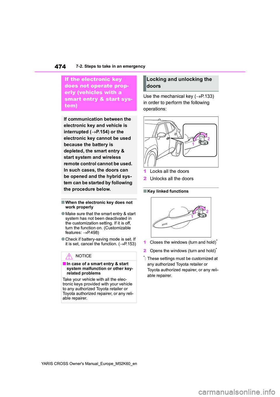 TOYOTA YARIS CROSS 2021  Owners Manual 474
YARIS CROSS Owner's Manual_Europe_M52K60_en
7-2. Steps to take in an emergency
■When the electronic key does not  work properly
●Make sure that the smart entry & start system has not been 