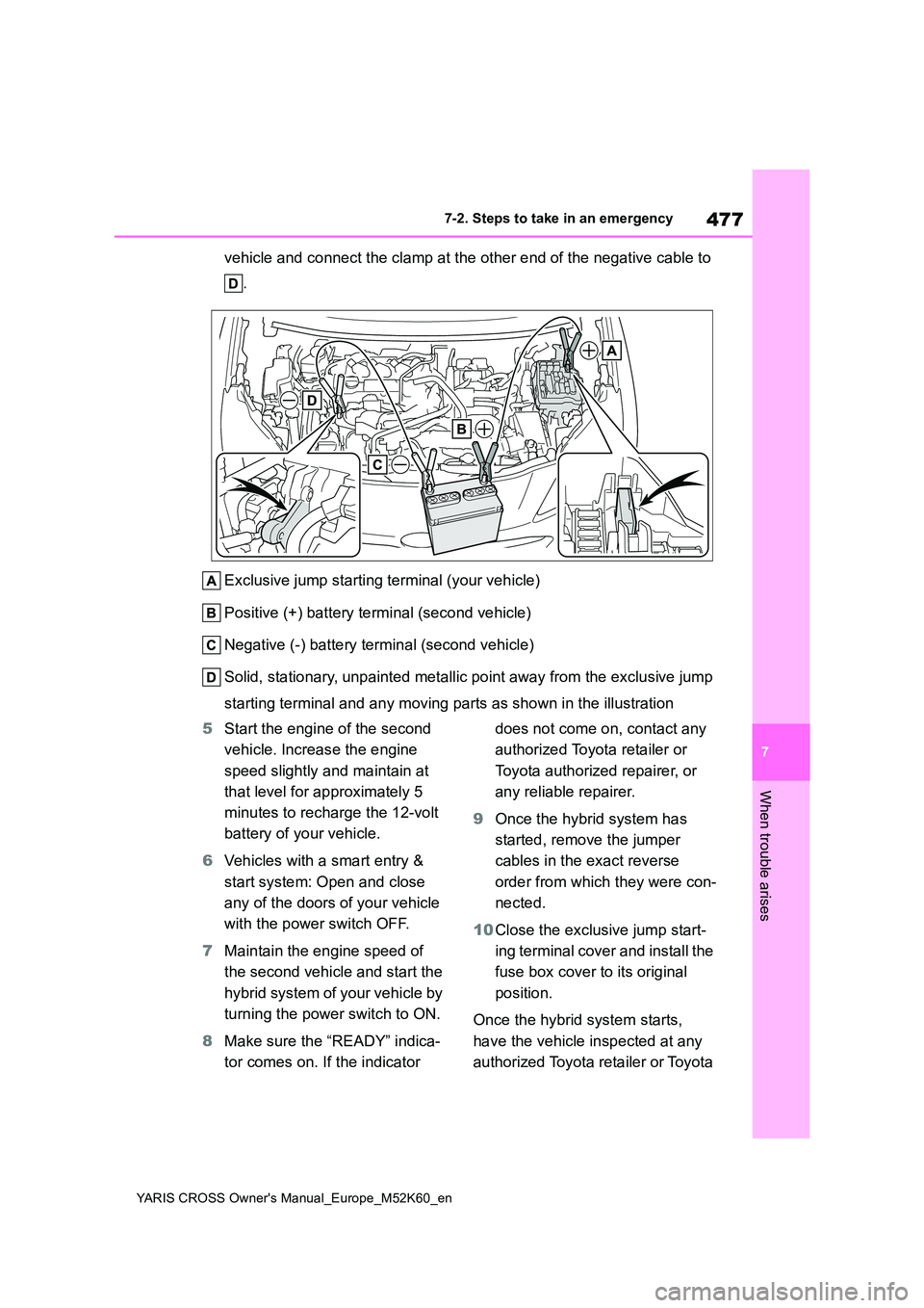TOYOTA YARIS CROSS 2021 Owners Manual 477
7
YARIS CROSS Owner's Manual_Europe_M52K60_en
7-2. Steps to take in an emergency
When trouble arises
vehicle and connect the clamp at the other end of the negative cable to
.
Exclusive jump TOYOTA YARIS CROSS 2021 Owners Manual 477
7
YARIS CROSS Owner's Manual_Europe_M52K60_en
7-2. Steps to take in an emergency
When trouble arises
vehicle and connect the clamp at the other end of the negative cable to
.
Exclusive jump