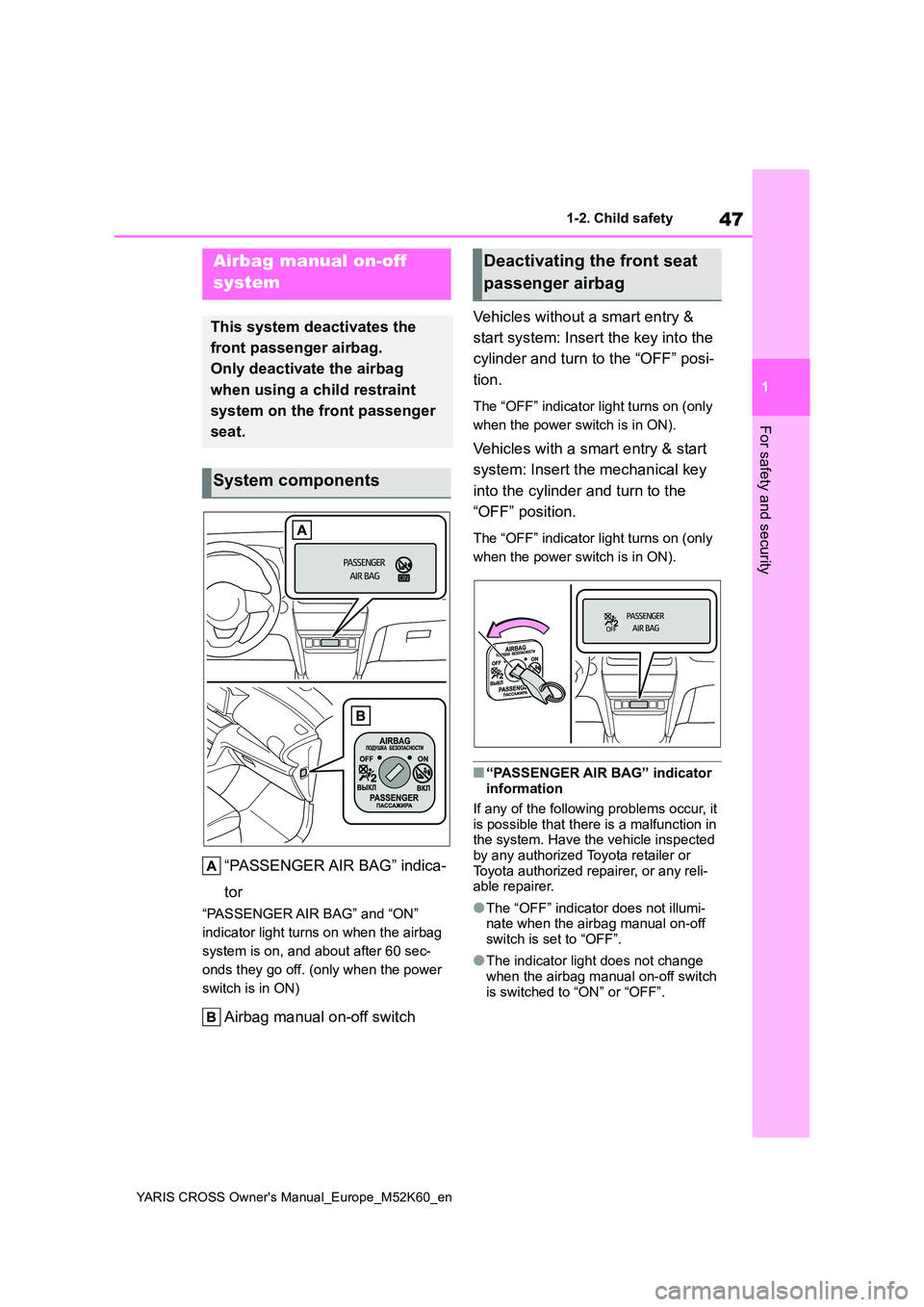 TOYOTA YARIS CROSS 2021  Owners Manual 47
1
YARIS CROSS Owner's Manual_Europe_M52K60_en
1-2. Child safety
For safety and security
1-2.Child sa fety
“PASSENGER AIR BAG” indica- 
tor
“PASSENGER AIR BAG” and “ON”  
indicator l