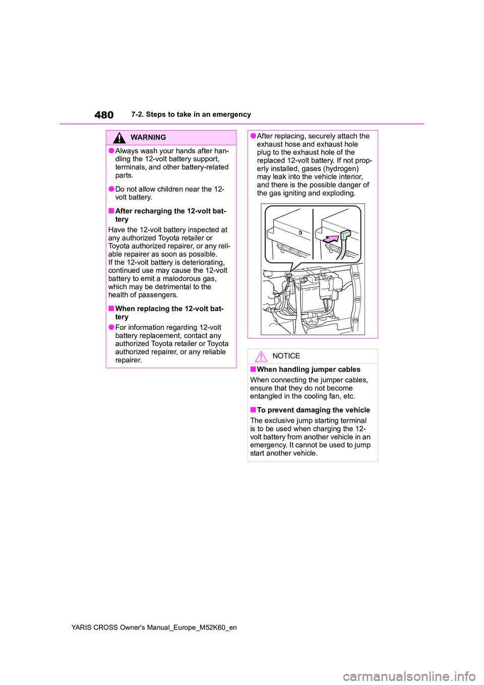 TOYOTA YARIS CROSS 2021  Owners Manual 480
YARIS CROSS Owner's Manual_Europe_M52K60_en
7-2. Steps to take in an emergency
WARNING
●Always wash your hands after han- dling the 12-volt battery support,  
terminals, and other battery-re