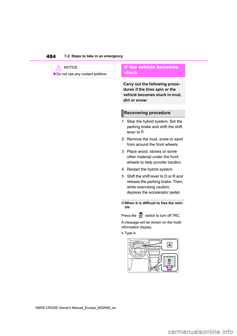 TOYOTA YARIS CROSS 2021  Owners Manual 484
YARIS CROSS Owner's Manual_Europe_M52K60_en
7-2. Steps to take in an emergency
1Stop the hybrid system. Set the  
parking brake and shift the shift  
lever to P. 
2 Remove the mud, snow or san