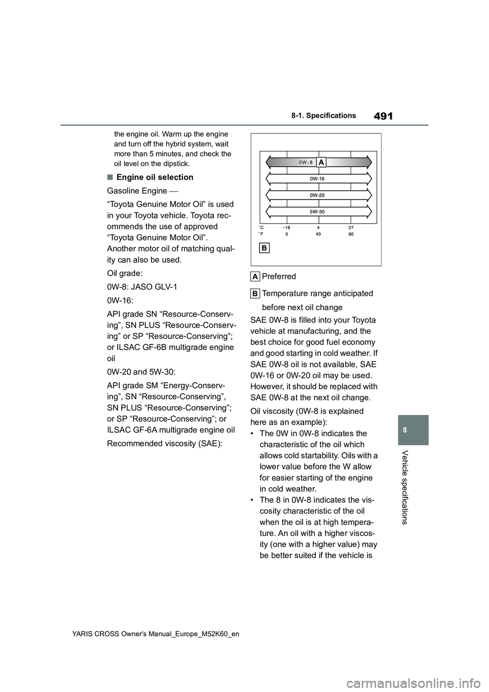 TOYOTA YARIS CROSS 2021  Owners Manual 491
8
YARIS CROSS Owner's Manual_Europe_M52K60_en
8-1. Specifications
Vehicle specifications
the engine oil. Warm up the engine  
and turn off the hybrid system, wait 
more than 5 minutes, and che